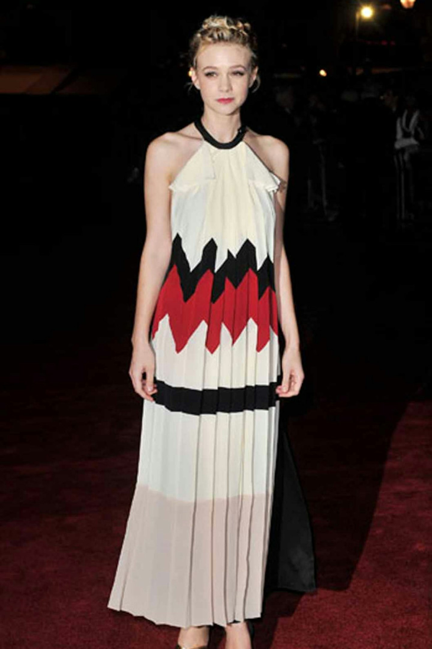 Carey Mulligan style vionnet red black white print dress