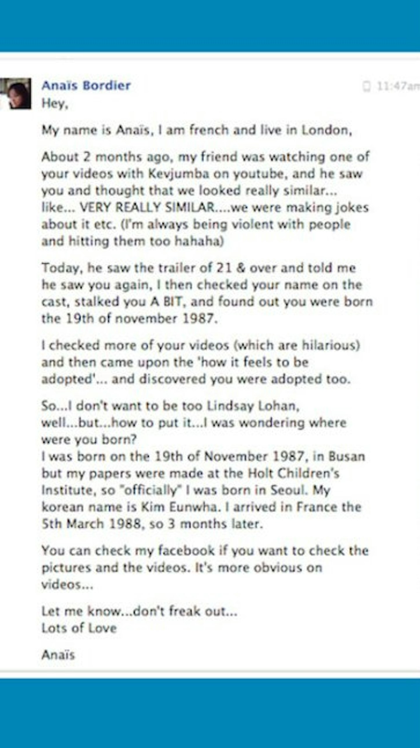 The very first Facebook message
