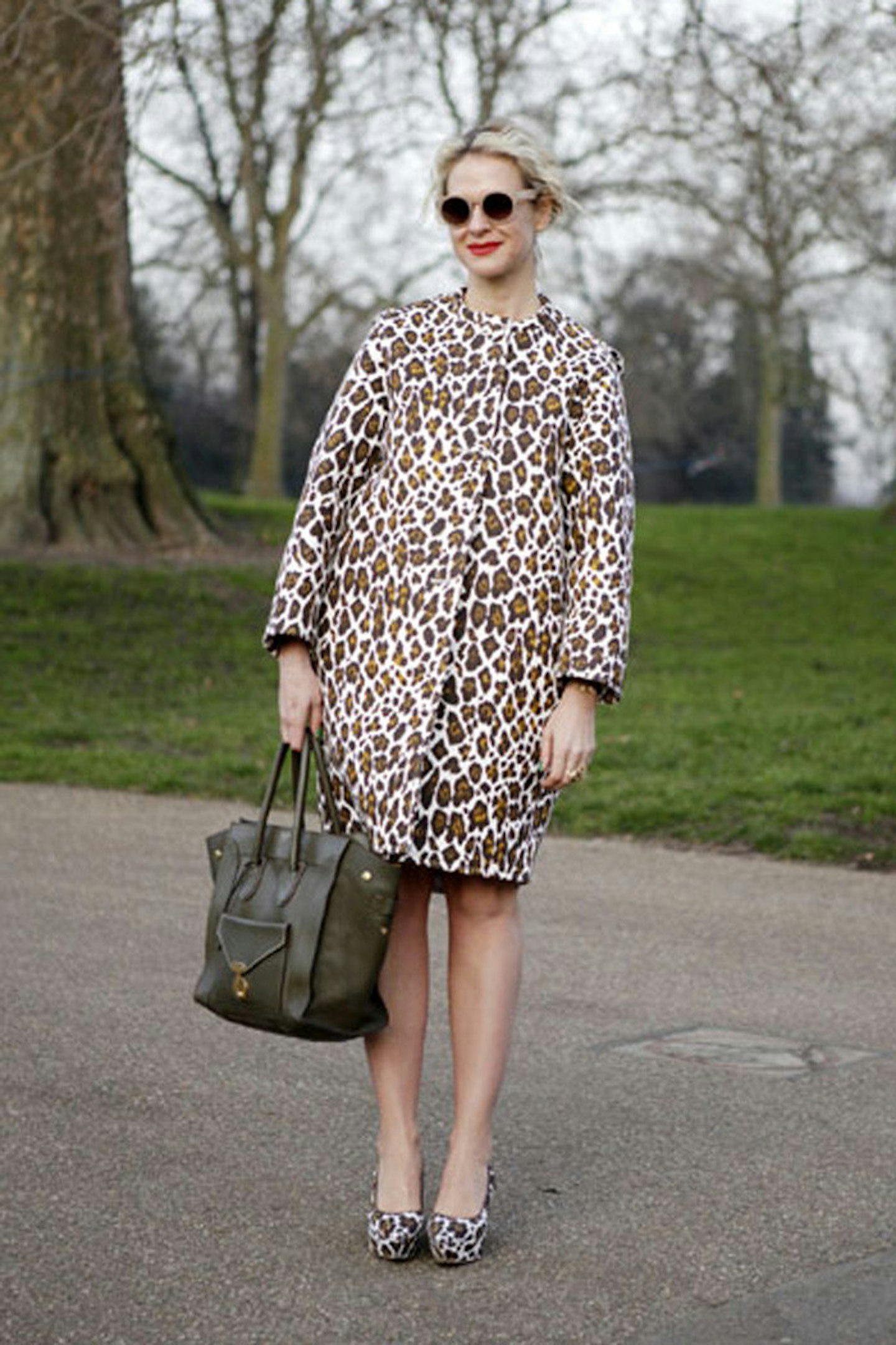 Deborah Brett matching her Stella McCartney coat and shoes, a Celine bag and ASOS sunglasses