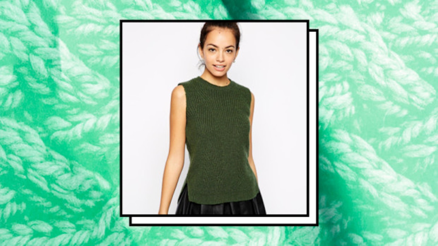 [New Look, £17.99](http://www.asos.com/new-look/new-look-knitted-tank-top/prod/pgeproduct.aspx?iid=4606020&clr=Khaki&SearchQuery=knit+vests&pgesize=17&pge=1&totalstyles=17&gridsize=3&gridrow=3&gridcolumn=3)