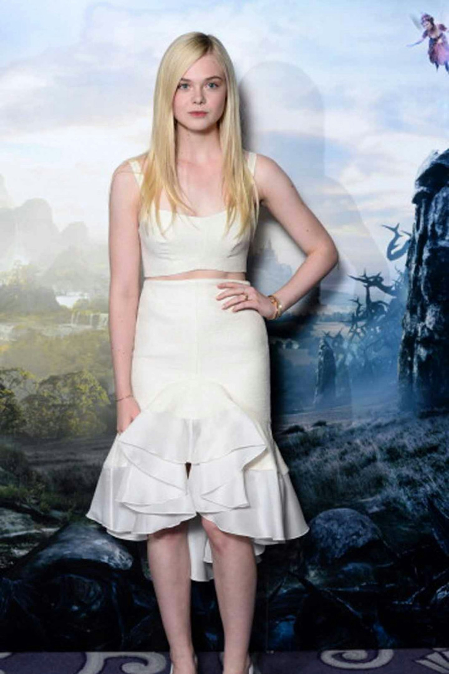 Elle Fanning style maleficent white top and ruffle skirt