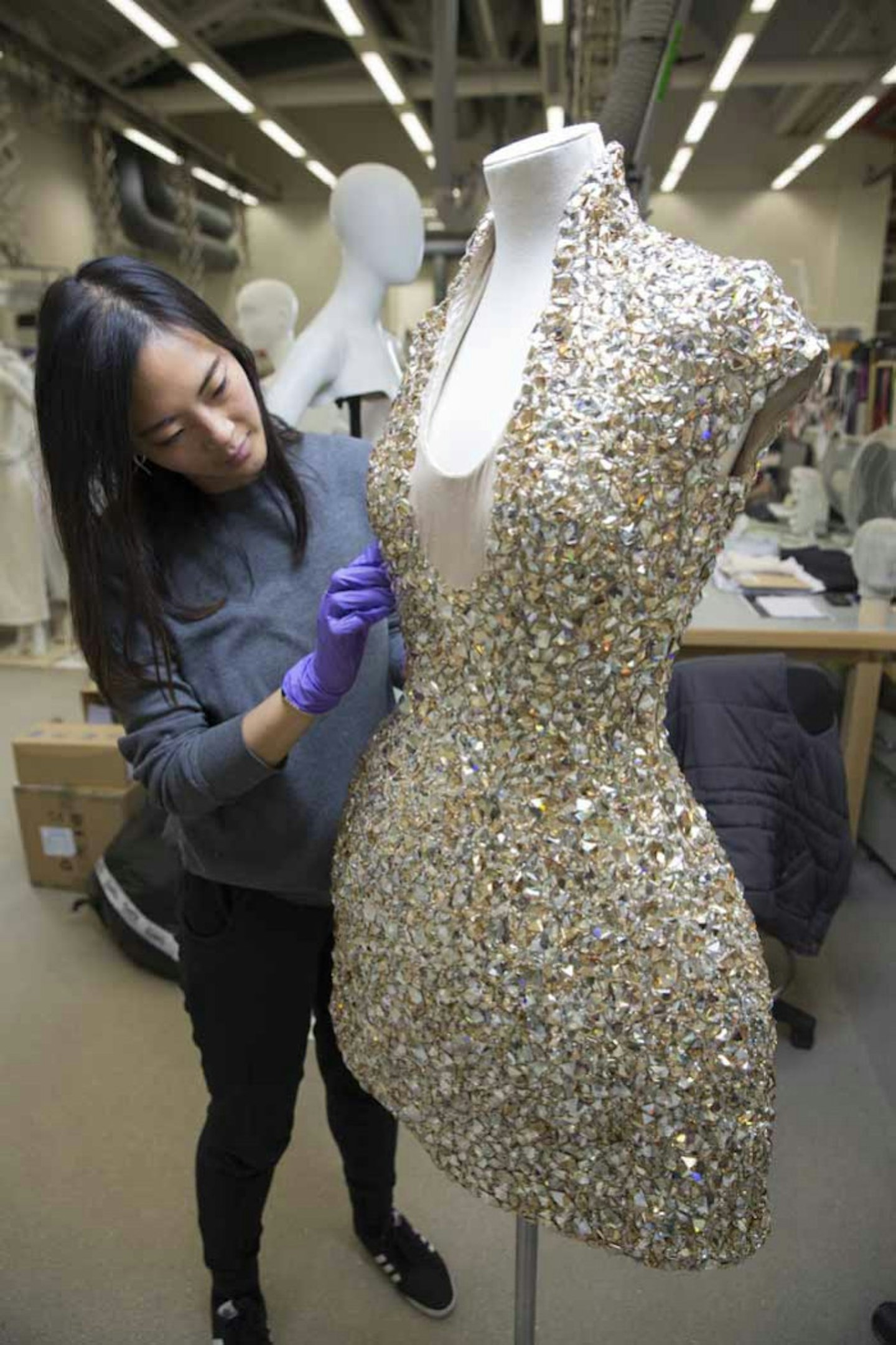 2. Conservation work on Swarovski Crystal Bell Jar Dress, Alexander McQueen, Natural Dis-tinction, Un-Natural Selection SS 2009