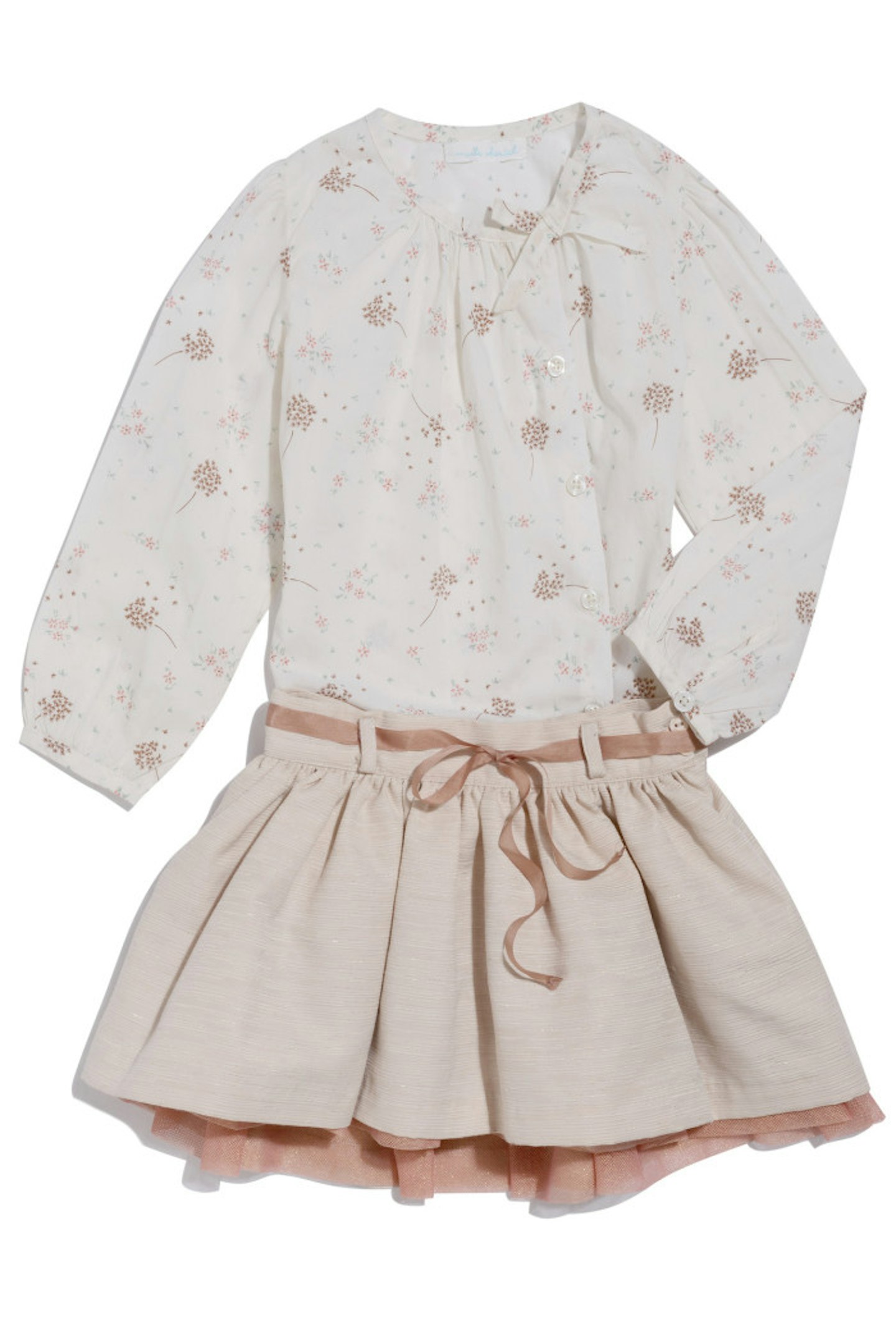 Marie Chantal cream/pink net skirt skirt with Marie Chantal dandelion print blouse and Chloe cream scallop edge shirt