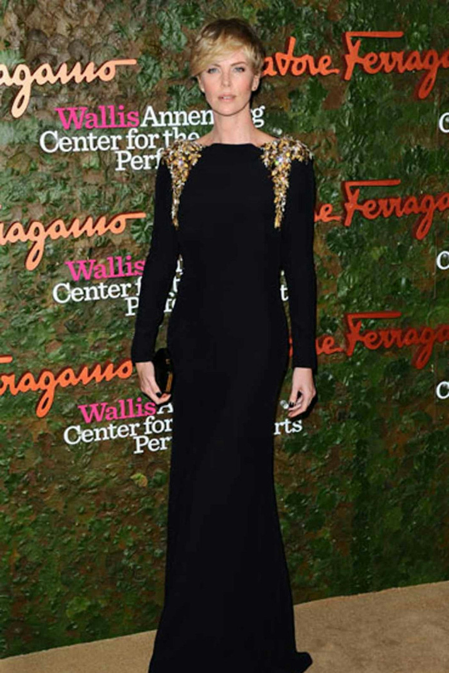 Charlize Theron style alexander mcqueen 2013 gold and black long sleeved dress