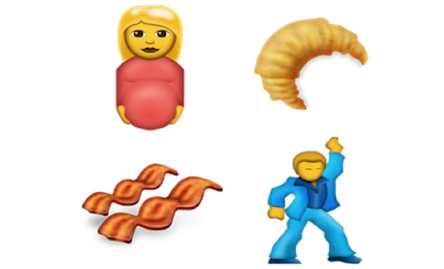 Top Left-Right: Pregnant, Croissant. Bottom Left-Right: Bacon, Dancing Man [emojipedia.org]