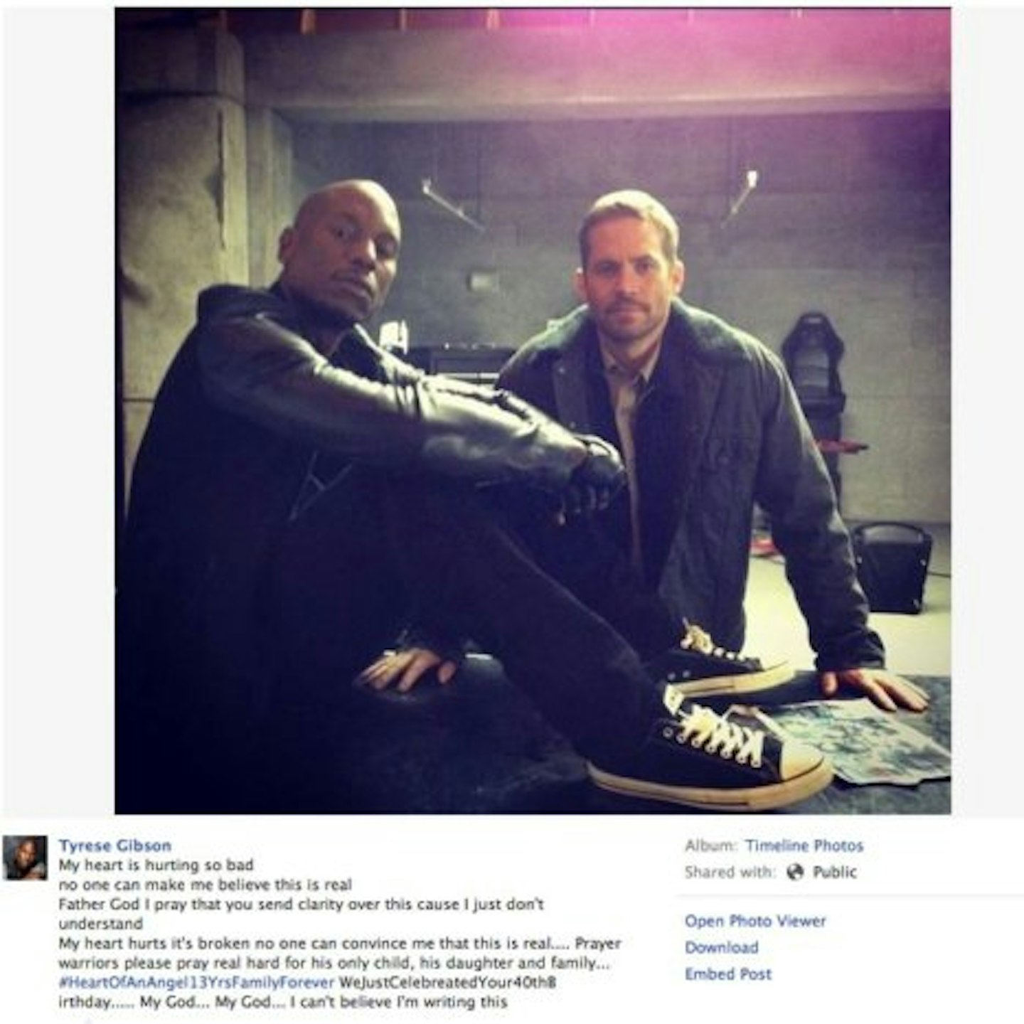 Tyrese Gibson, a good friend of Paul Walker, posted the above tribute on Facebook