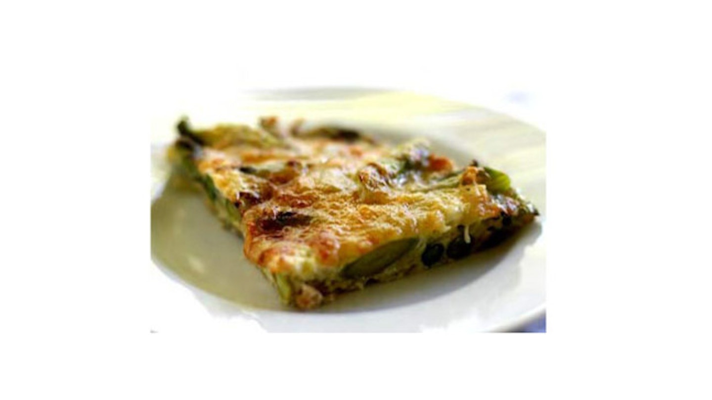 ASPARAGUS FRITTATA (340 kcal per portion. Serves 4) Ingredients - 2 tablespoons unsalted butter, 1/2 cup sliced shallots, 1/2 teaspoon salt, 1 pound thin spear asparagus, tough ends snapped off, spears cut diagonally into 1-inch lengths, 6 large eggs, 3/4 cup ricotta cheese (can use cottage cheese if you prefer), 1 Tbsp minced fresh chives, 1/4 teaspoon dried tarragon and 1 cup shredded Gruyere or Swiss cheese.