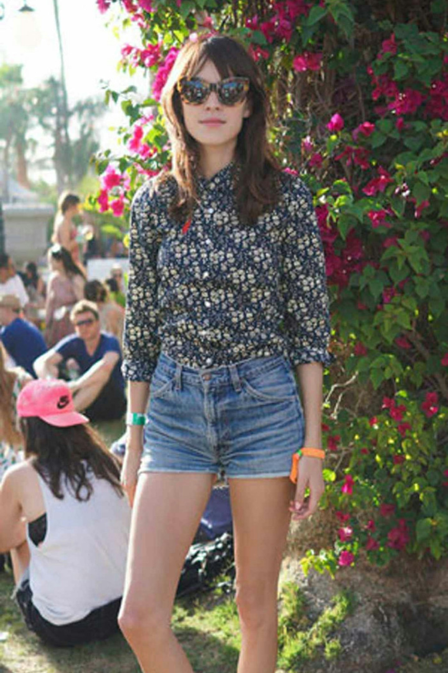 Alexa Chung style printed shirt denim shorts