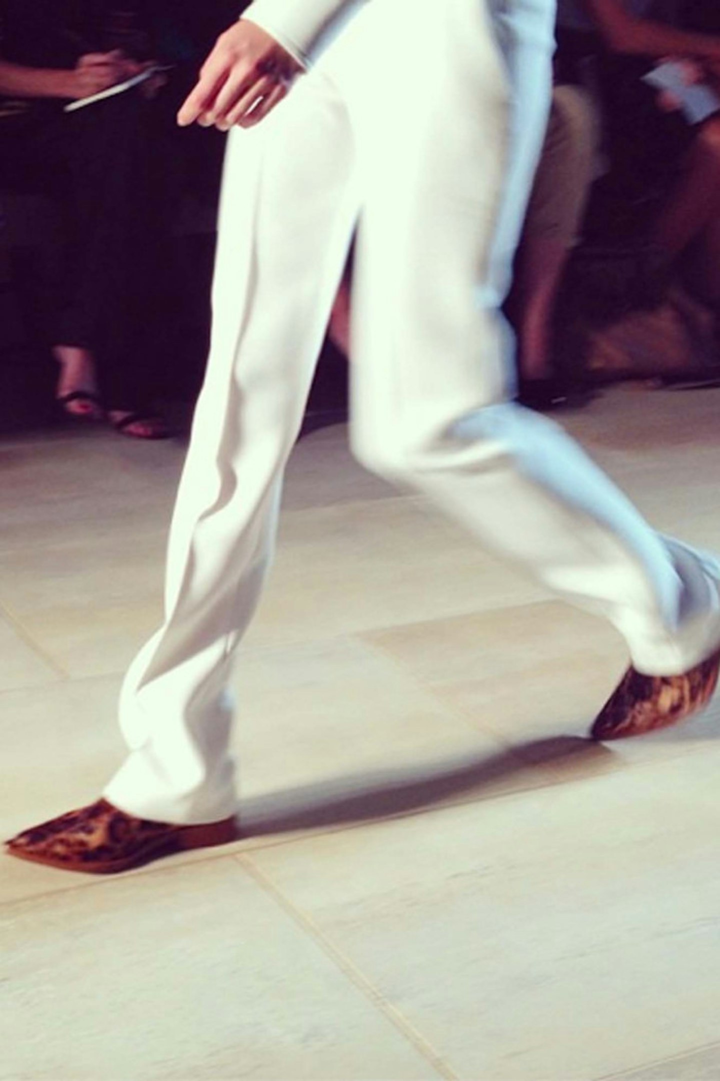 @grazia_live Flat, pointy shoes in leopard and white leather offered @victoriabeckham low key #NYFW option