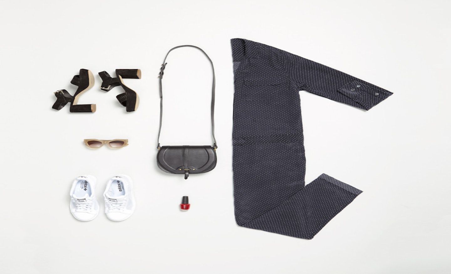 Quick sandals, &pound;68/&euro;89; sunglasses, from selection, Jonathan Saunders; bag, &pound;670, J&eacute;r&ocirc;me Dreyfuss; jumpsuit, &pound;627, Equipment at Net-A-Porter; adidas Stan Smith trainers, &pound;66.99/&euro;83; nail varnish by OPI