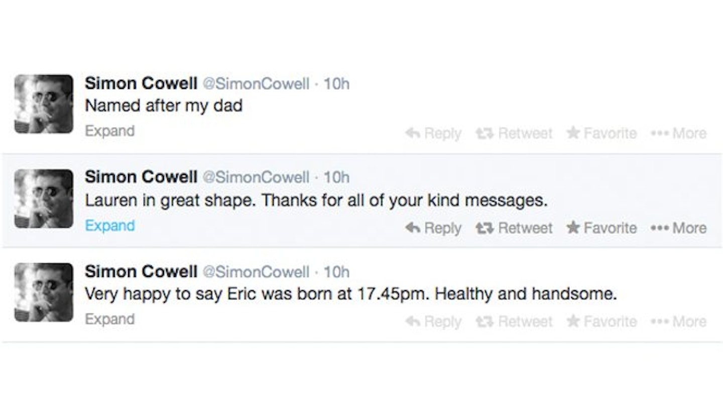 Simon tweeted confirmation of baby Eric's arrival and thanked well wishers