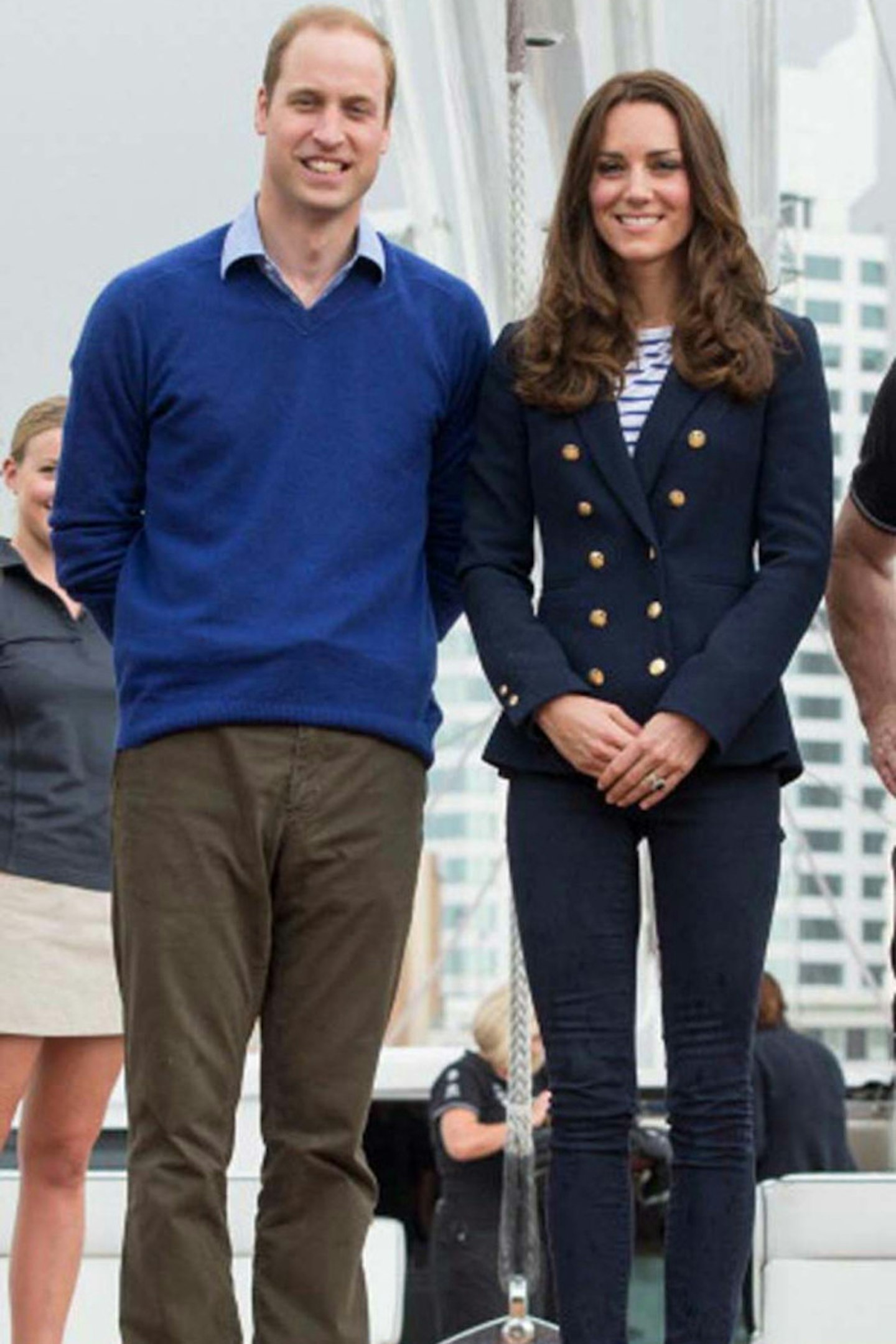 The Duchess of Cambridge in Zara and J Brand at Auckland harbour, New Zealand, 11 April 2014