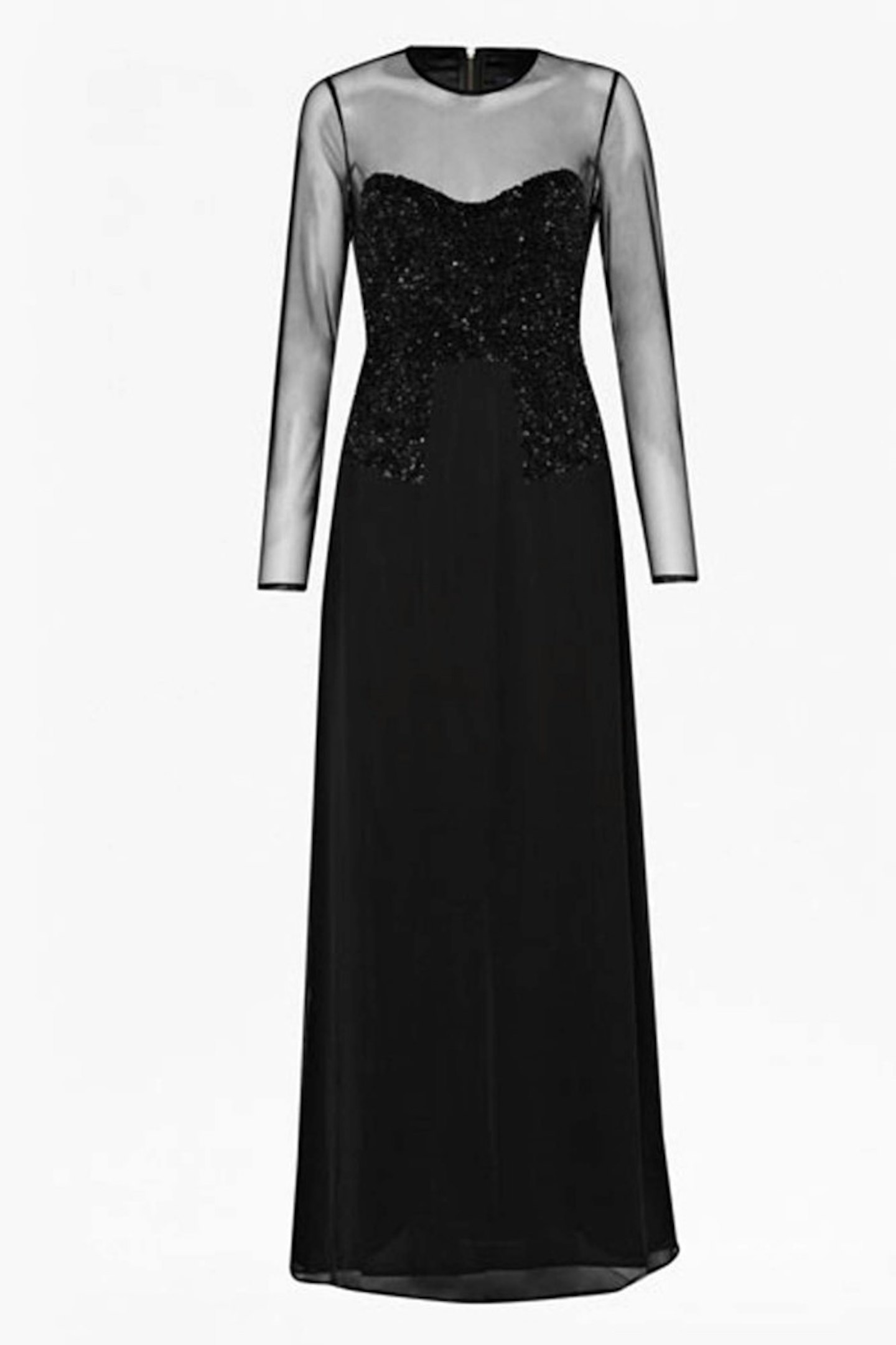 Black maxi evening dress with mesh body and sequinned bodice overlay, £190, French Connection