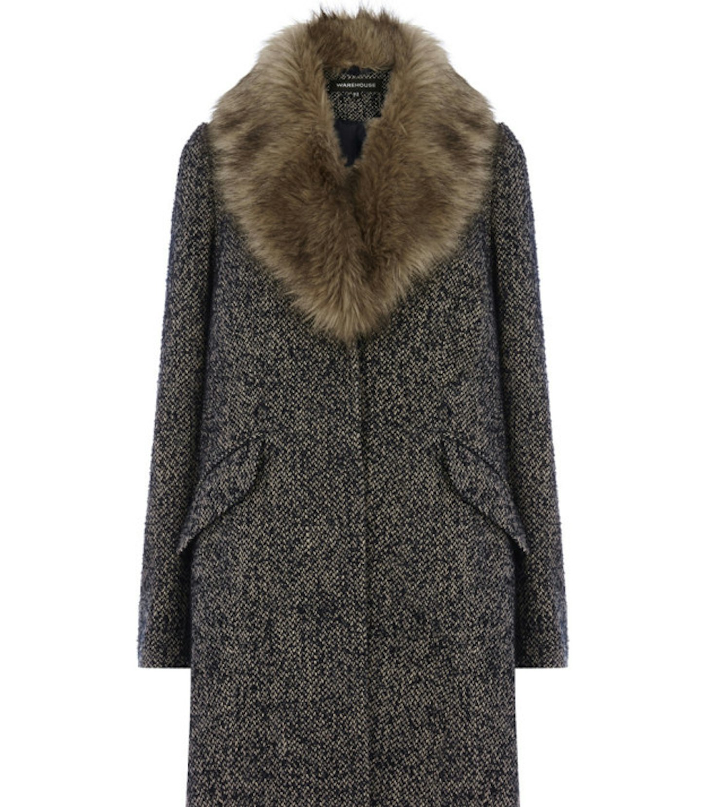 Tweed long coat with faux fur trim