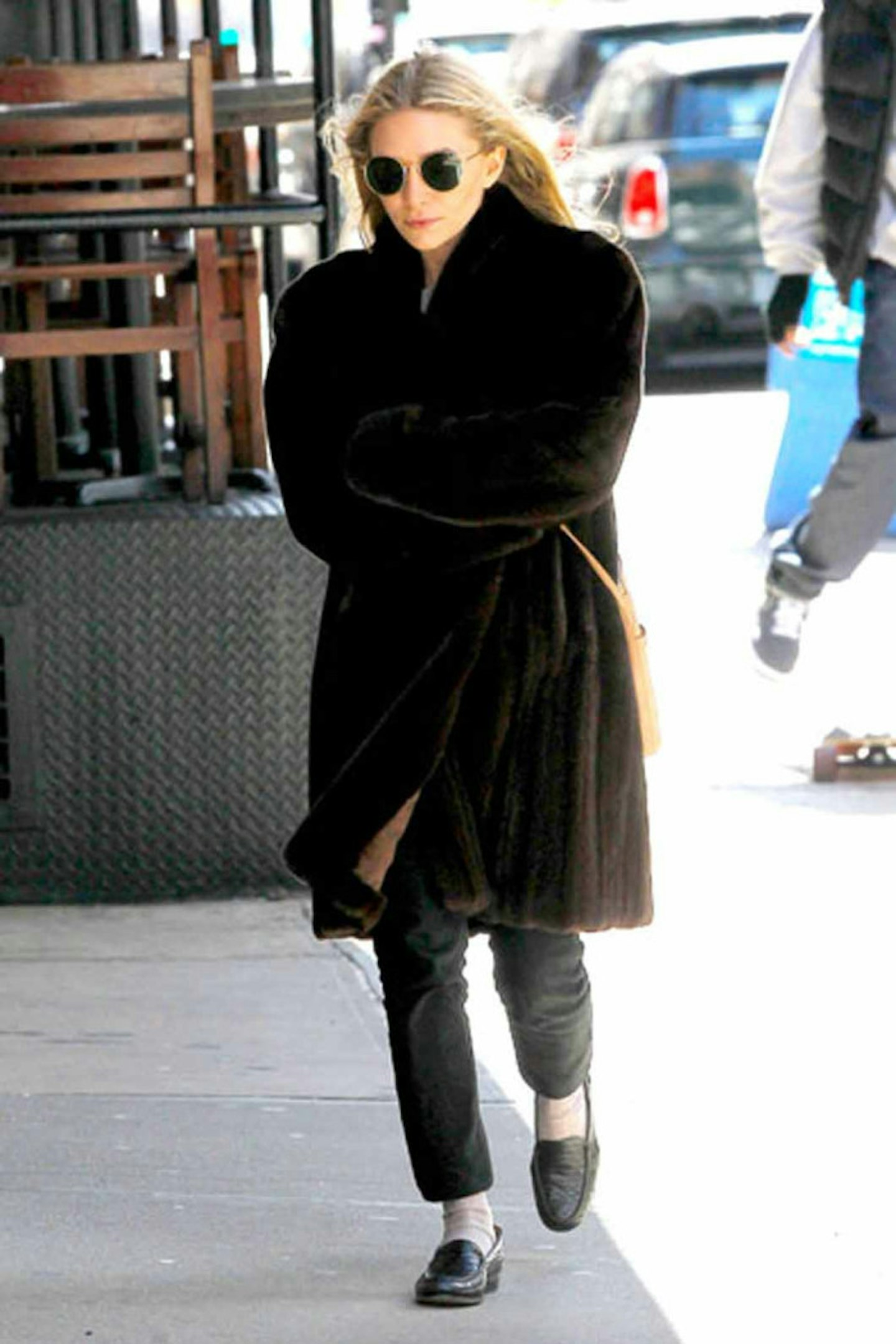 Ashley Olsen style fur coat black trousers
