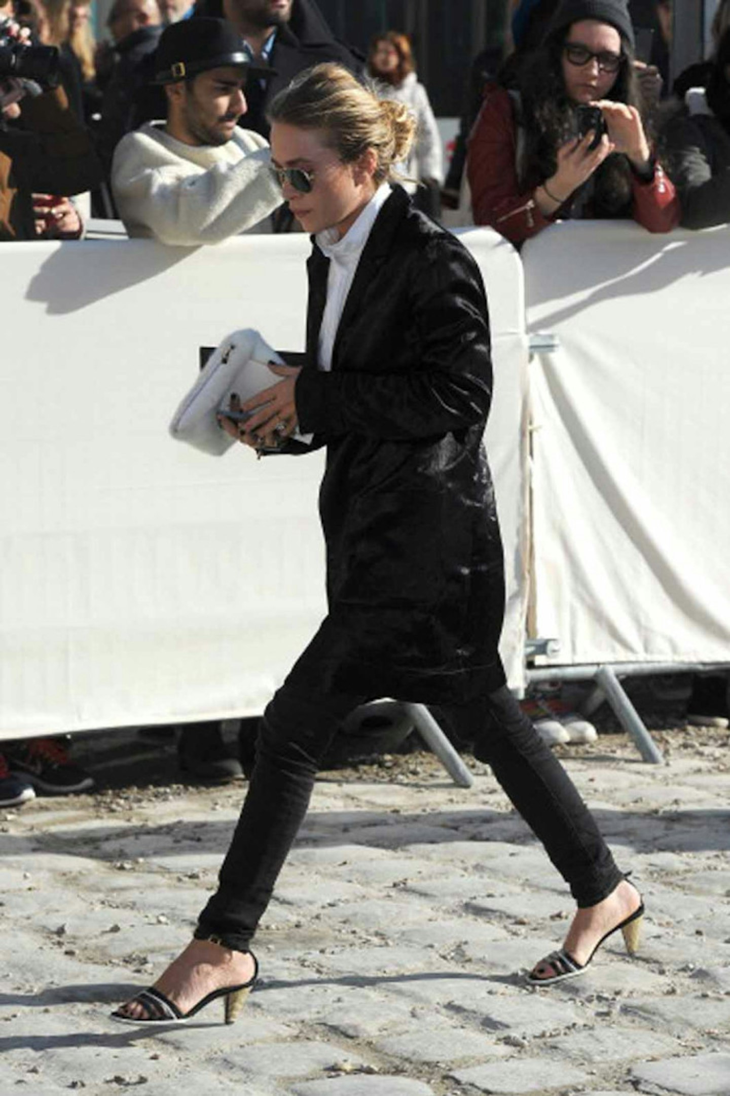 Ashley Olsen style paris fashion week 2014 black jeans blazer white high neck top
