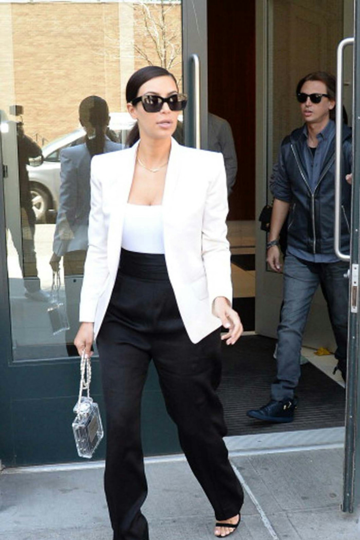 Kim Kardashian style soho white jacket black trousers