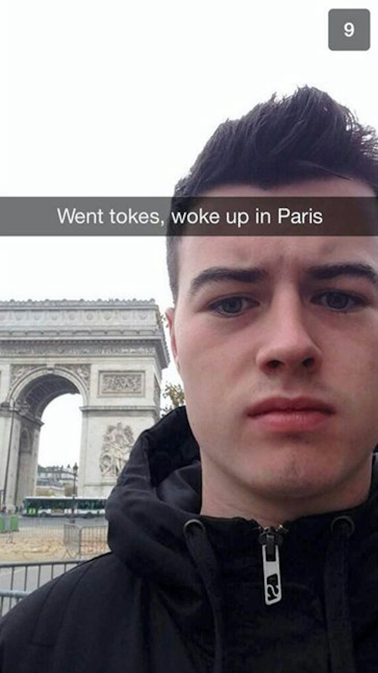 Luke sent this picture of him in Paris after waking up there following a drunken night in Manchester