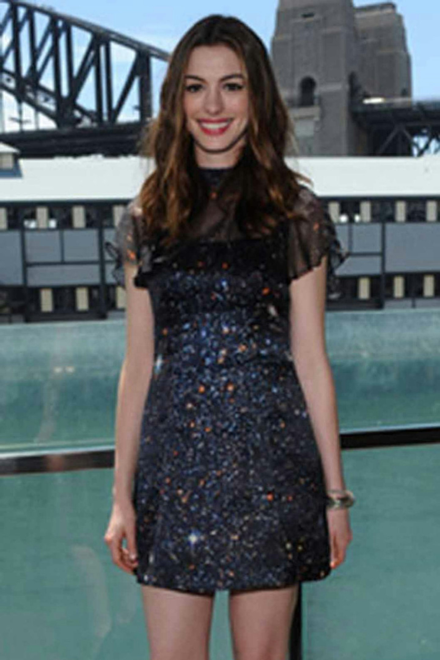 Anne Hathaway style christopher kane 2010 blue black shimmer dress
