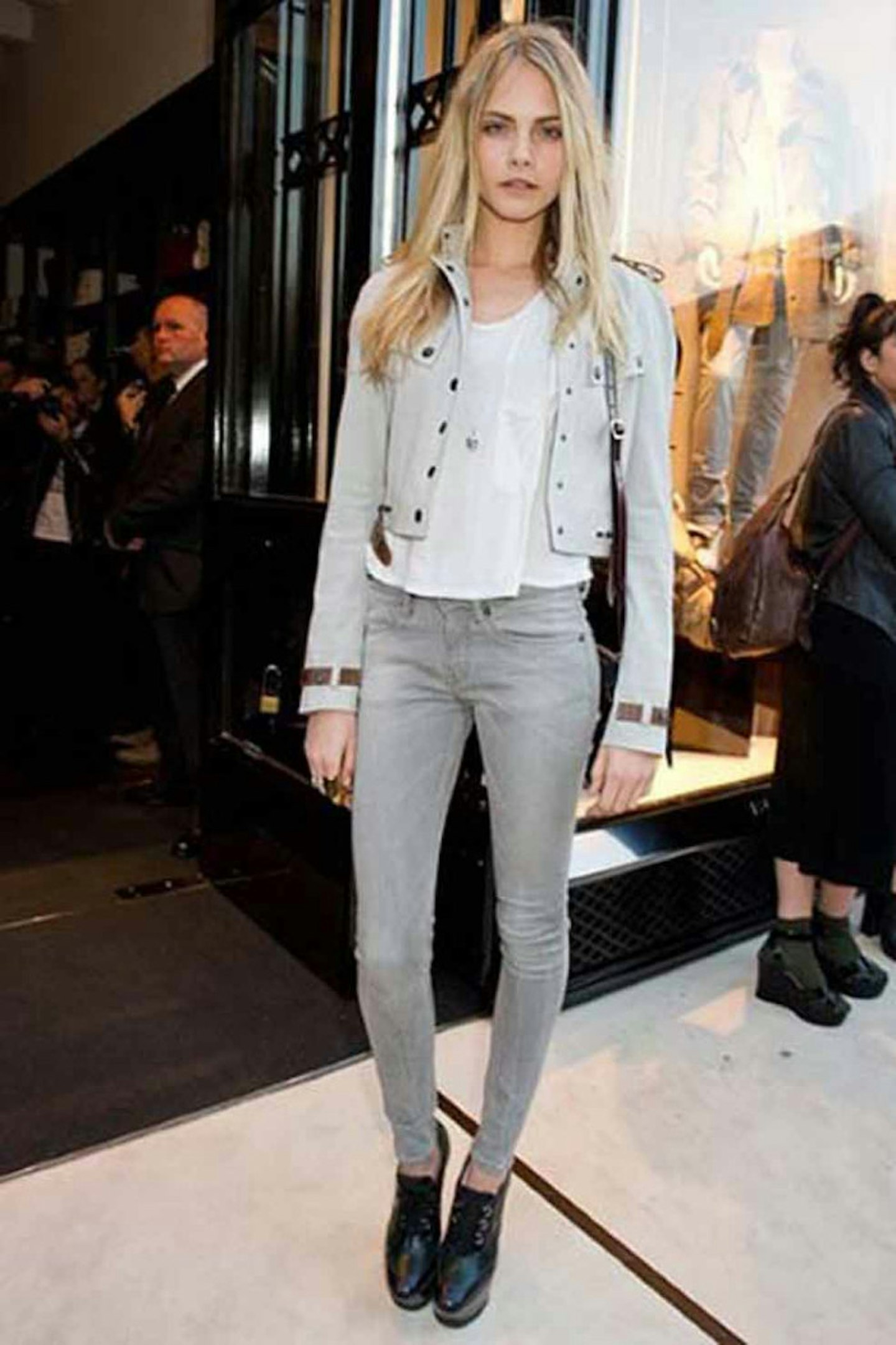 Cara Delevingne style denim grey jacket jeans