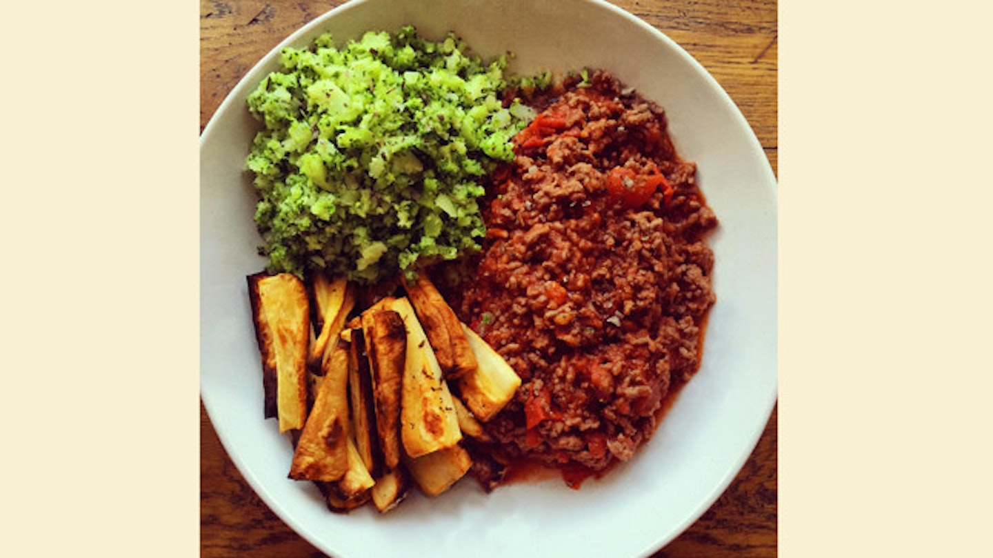 Dinner: Lean beef mince with broccoli rice and roasted parsnip chips