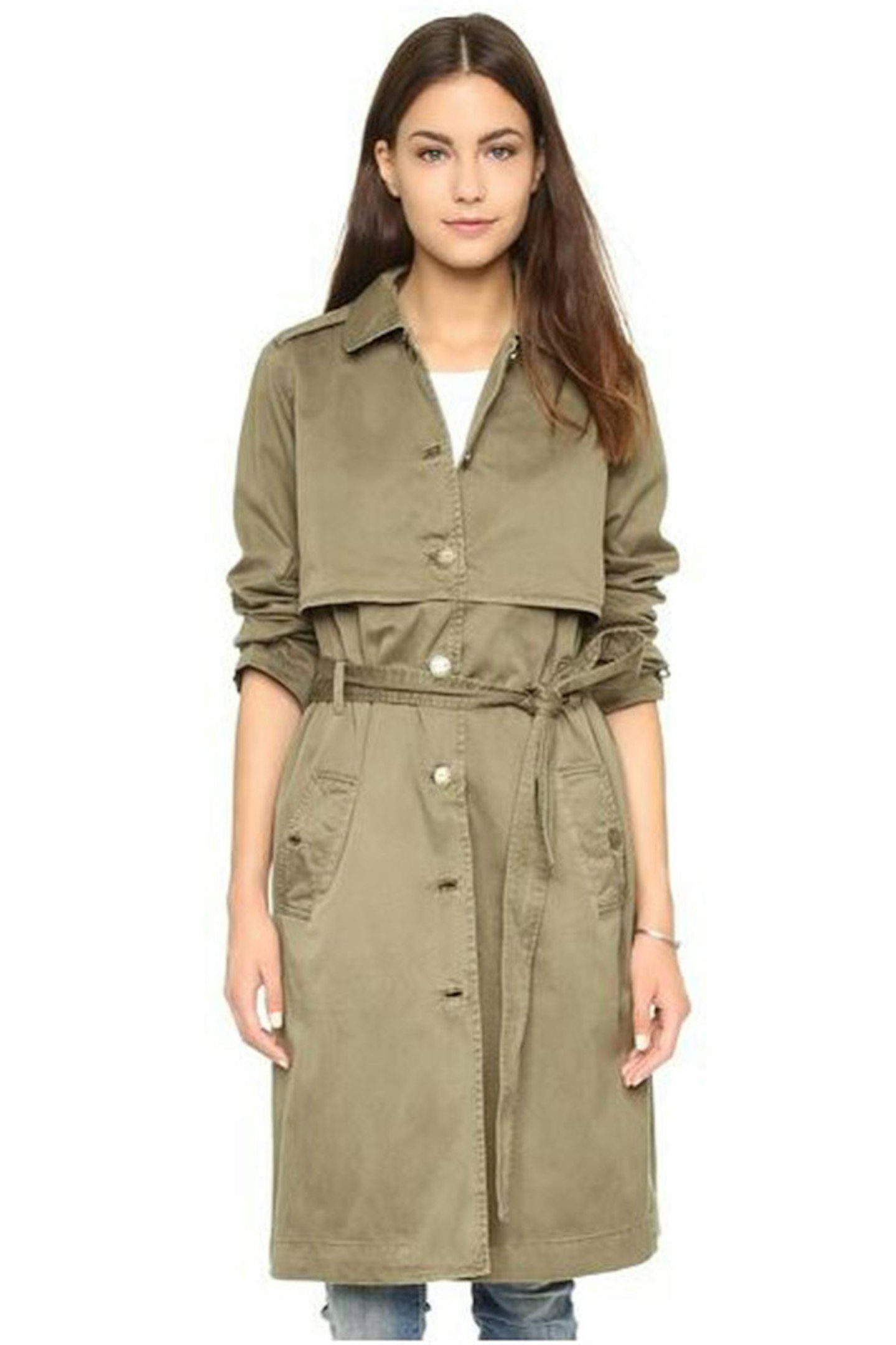 This utilitarian style trench is great paired with denim to keep it modern.