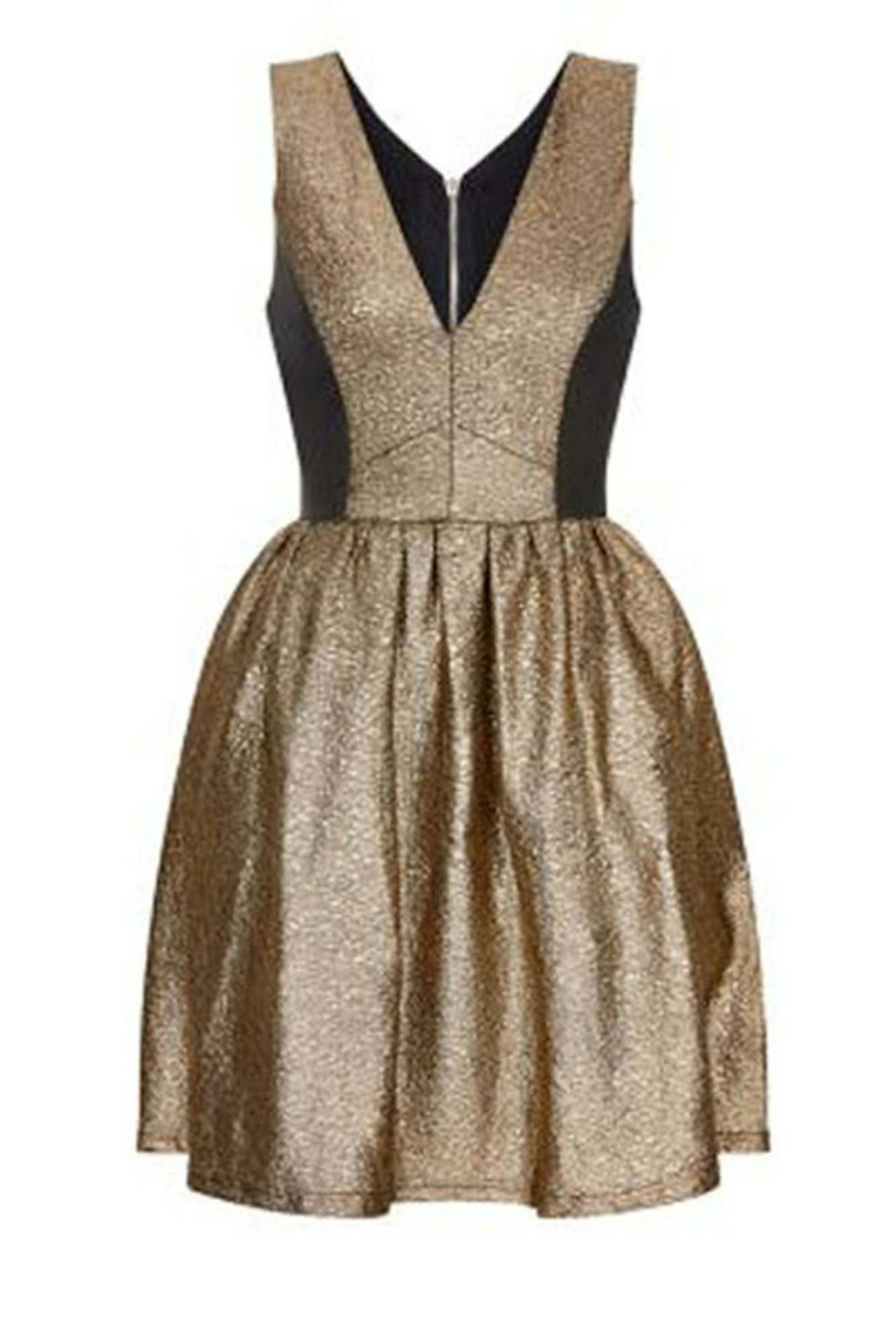 Gold metallic plunge skater dress, £34, New Look