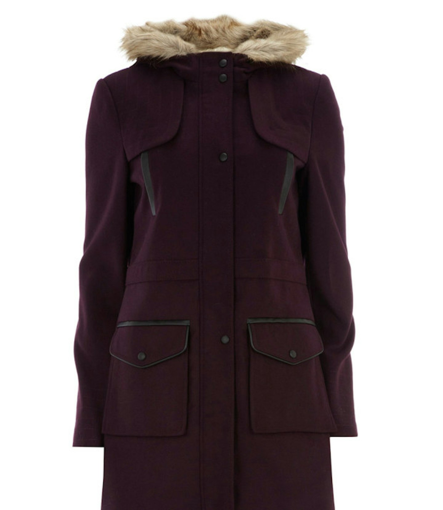 Plum duffle coat with fur hood