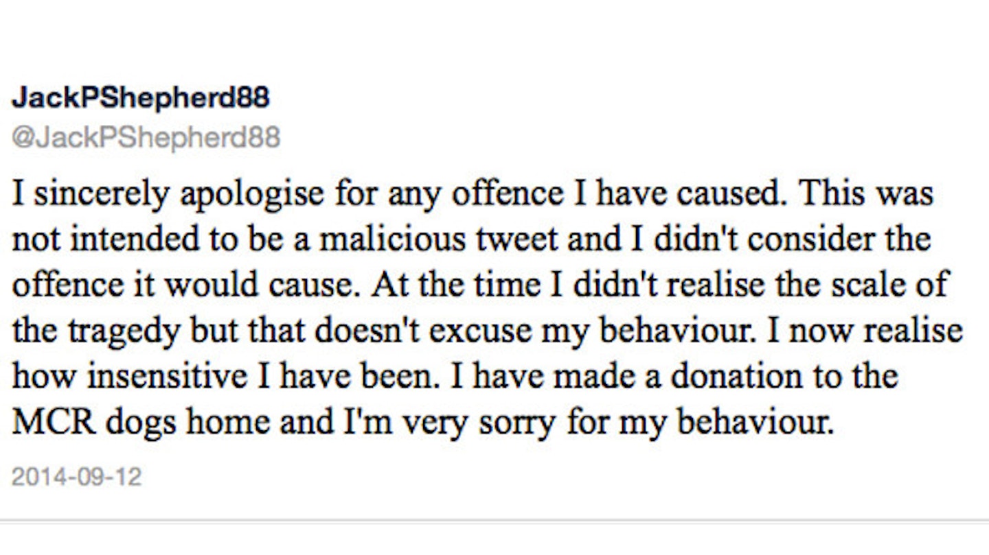 Jack posted the apology online following the tweets