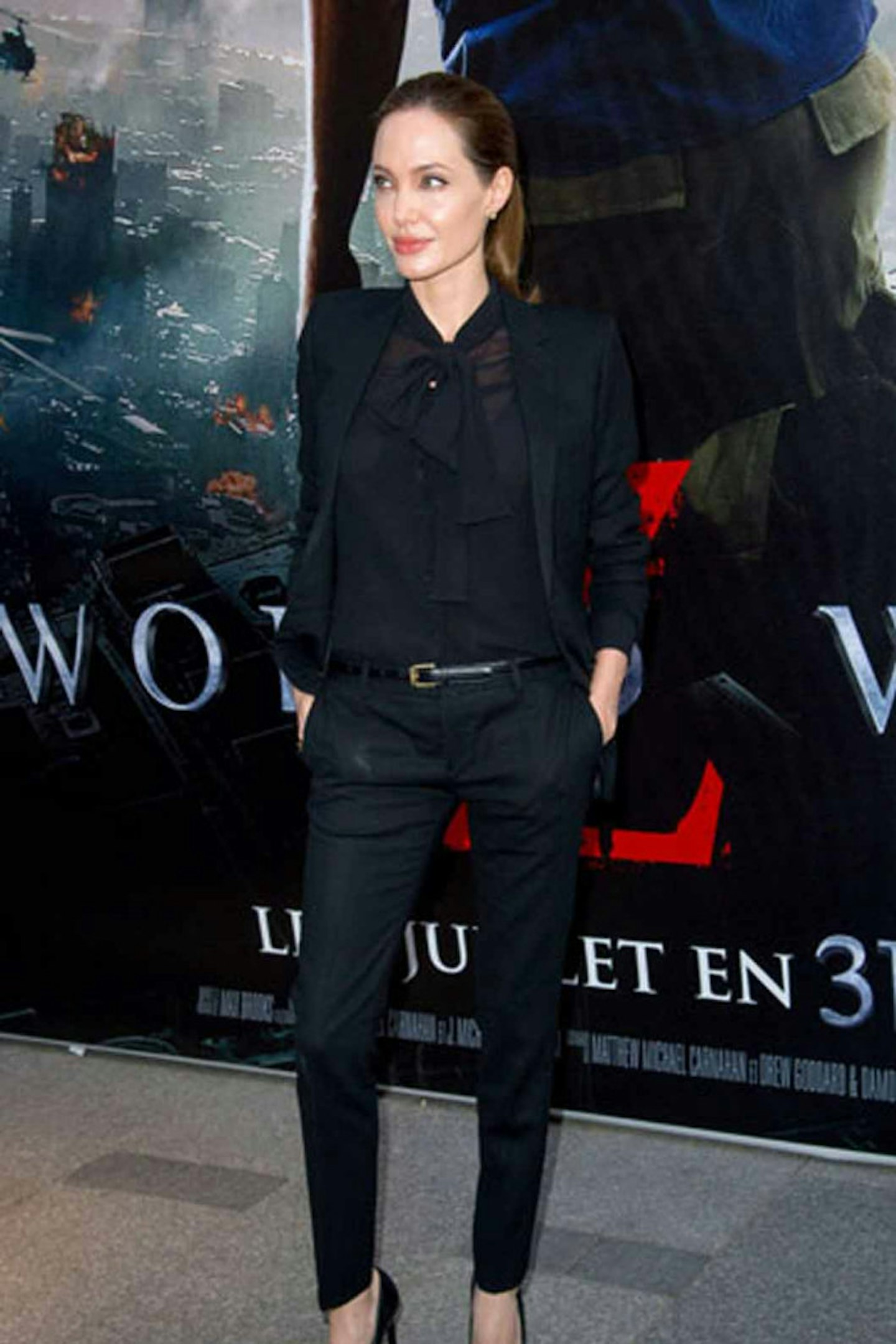 Angelina Jolie saint laurent 2013 style black blazer shirt trousers