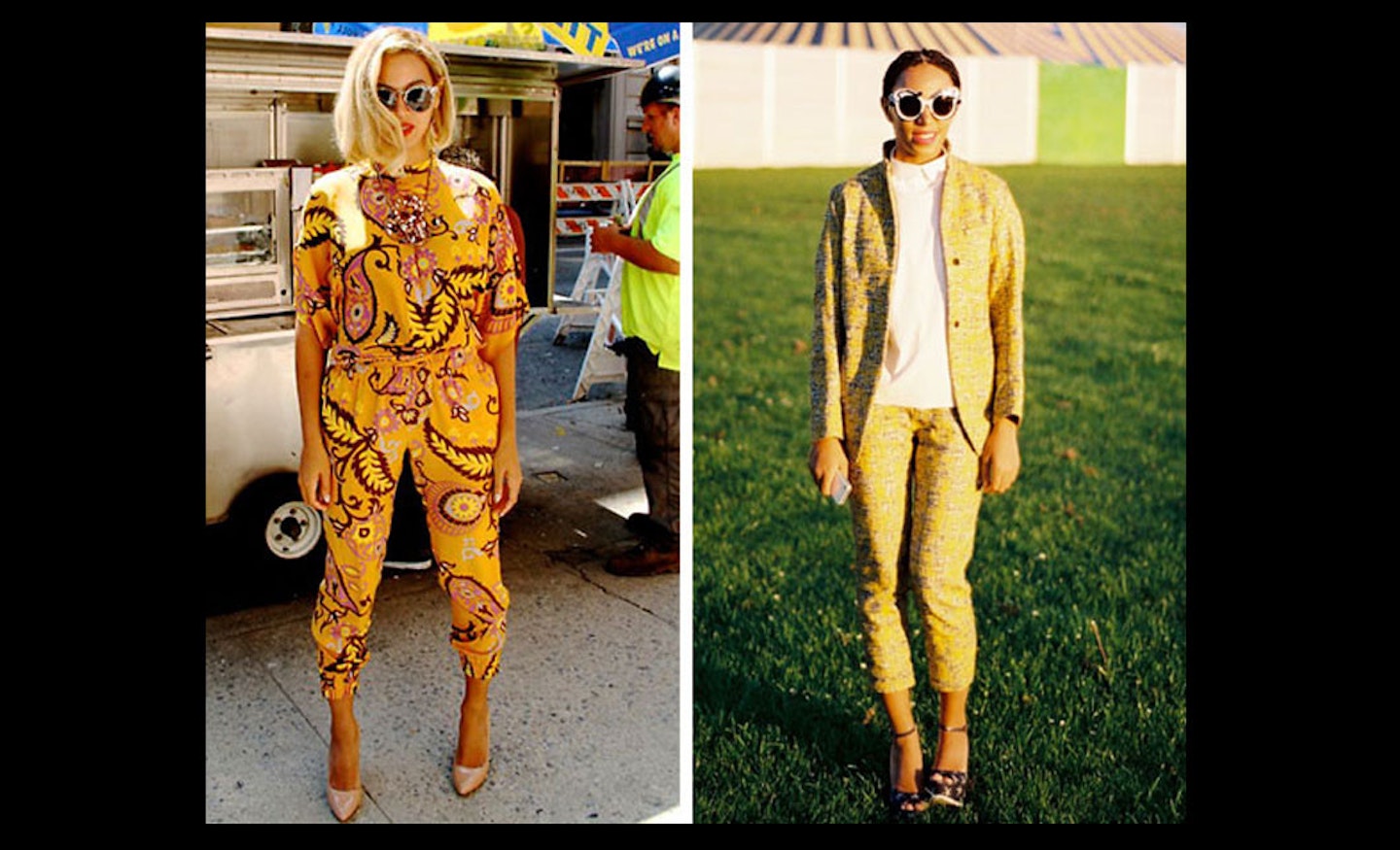 B and Solange in not-so-mellow printed yellow!