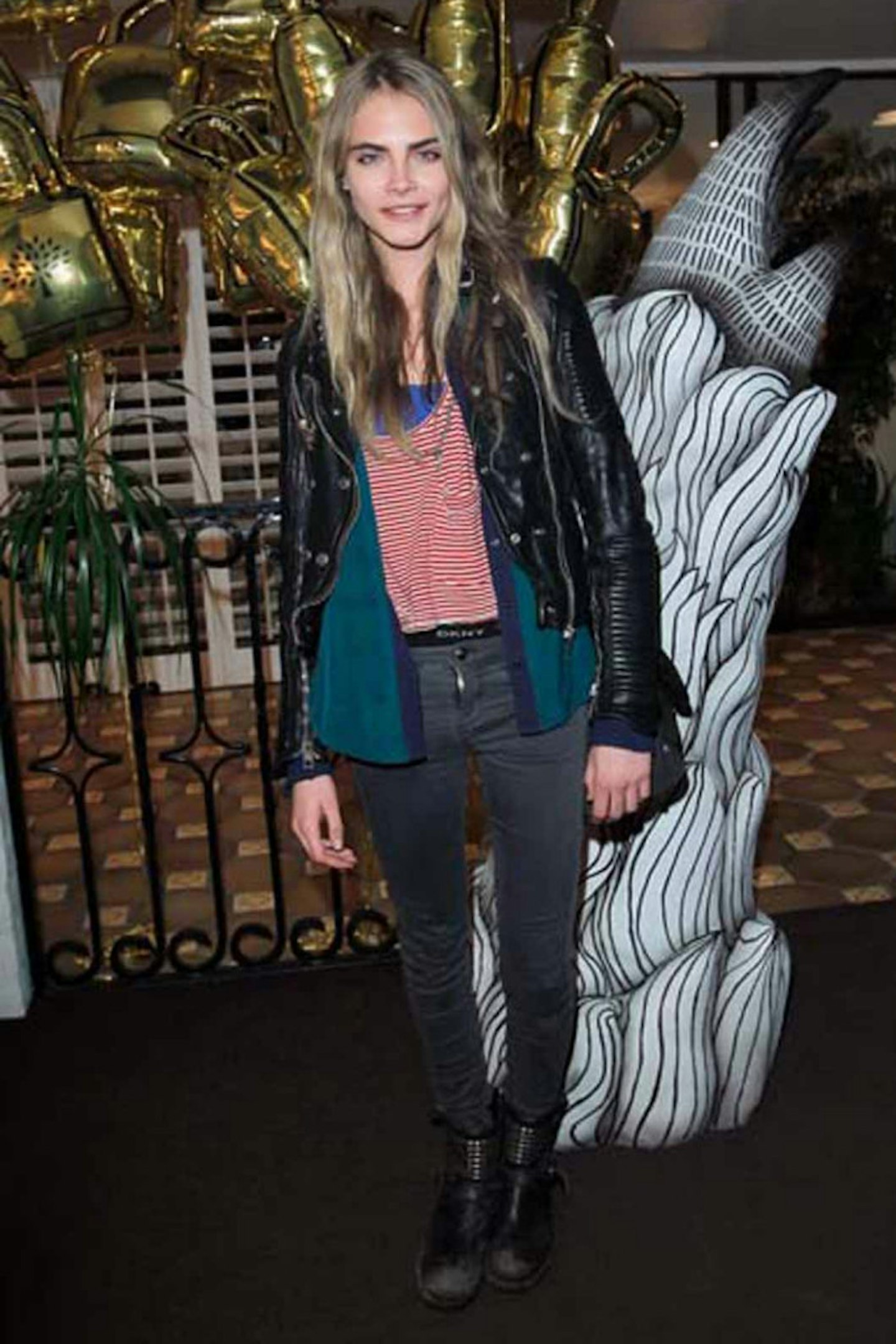 Cara Delevingne style 2012 leather jacket grey jeans