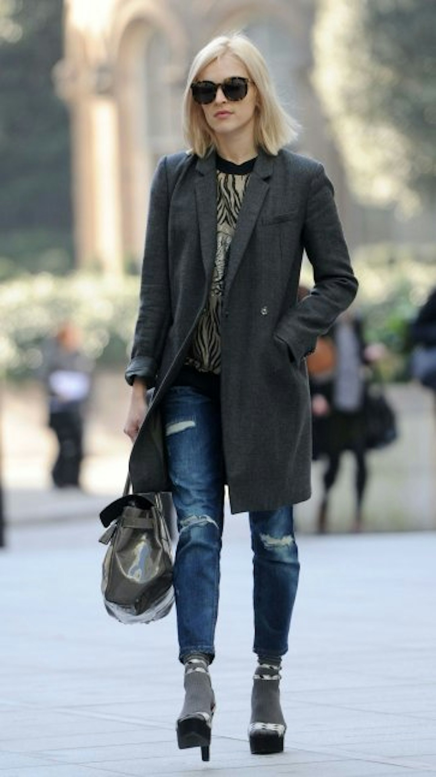 Fearne finished off her denim and grey combo with chunky platform heels recently.