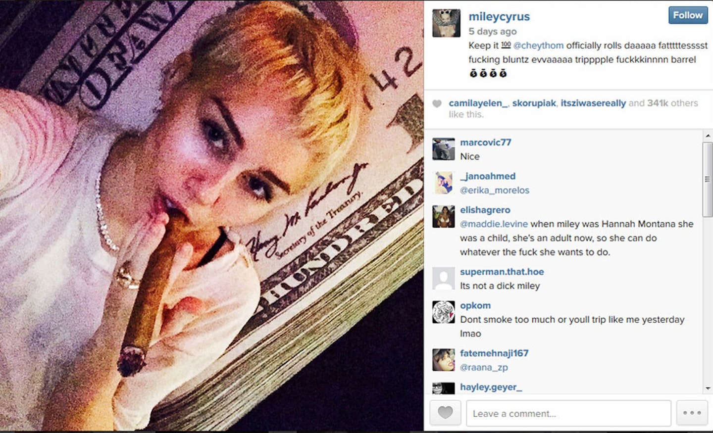 Miley is no stranger to posting pictures talking about drugs