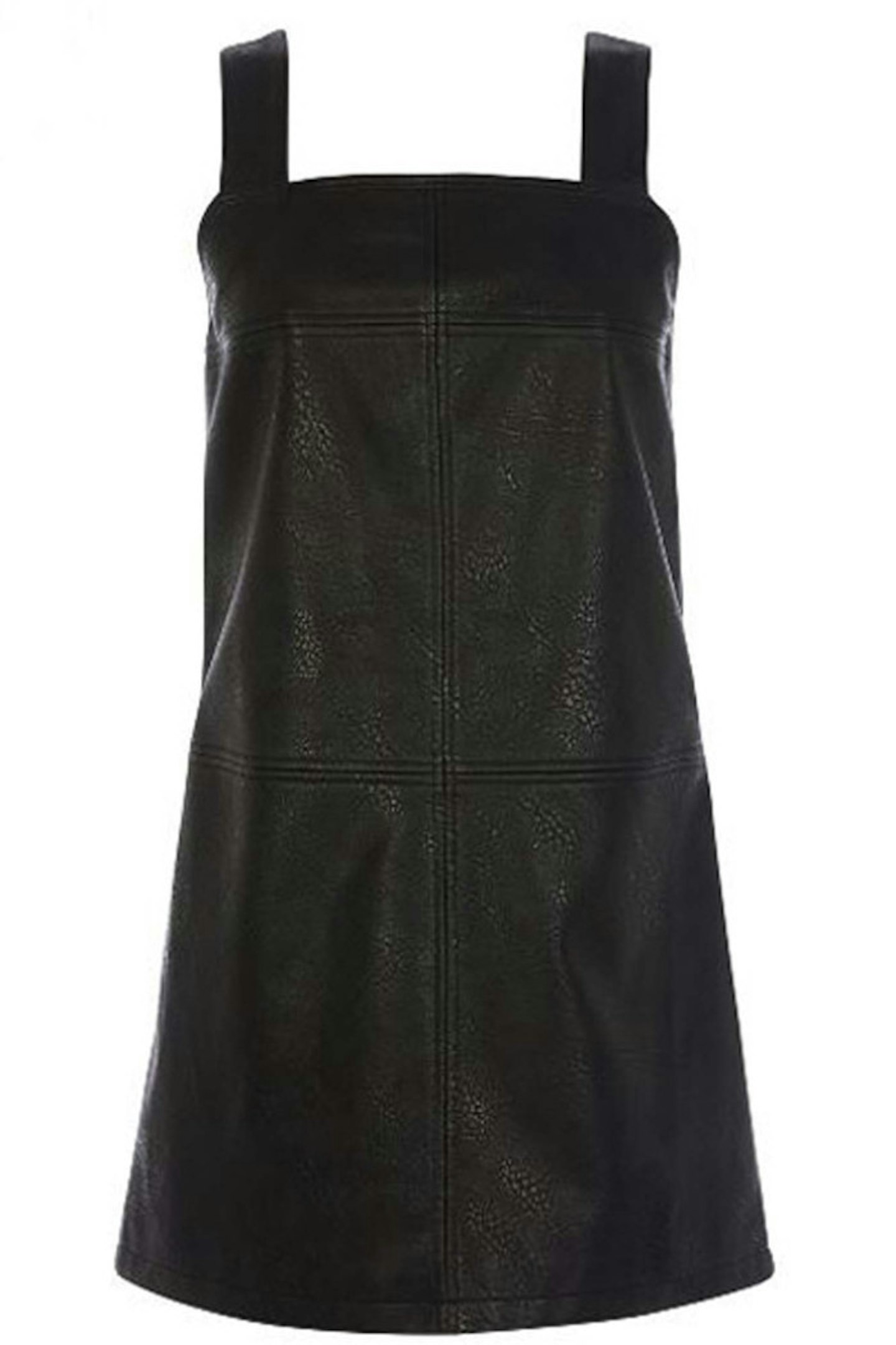 12. Faux Leather Dungaree Dress, £48, Warehouse