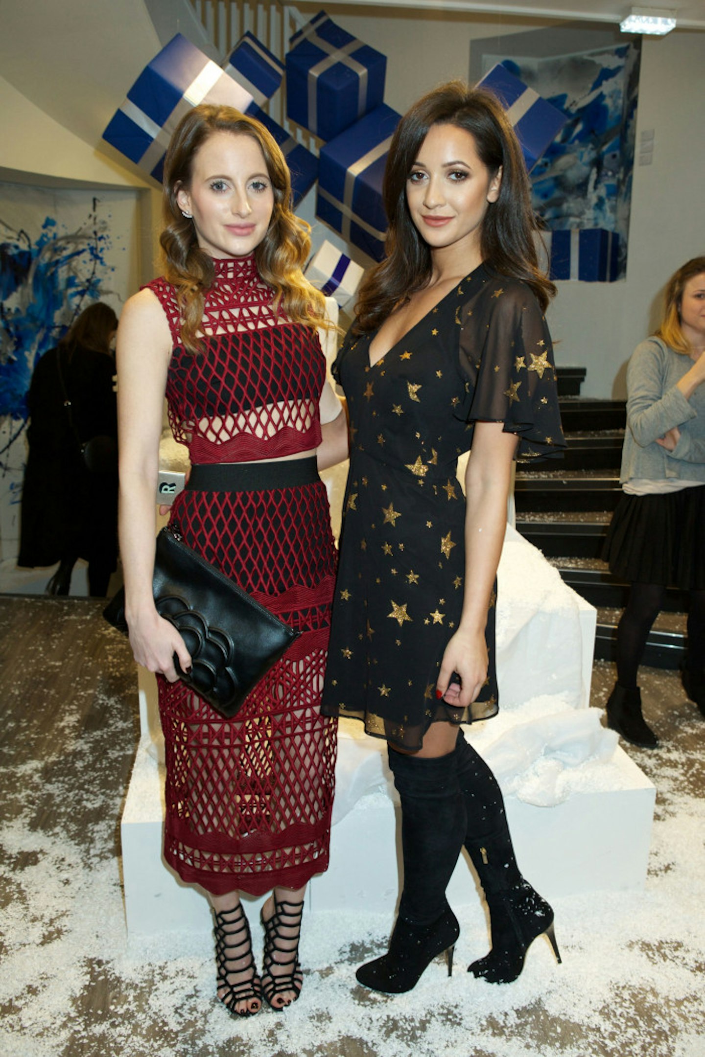 Rosie Fortescue in Self Portrait and Roxie Nafousi at the Kit and Ace Christmas Party.