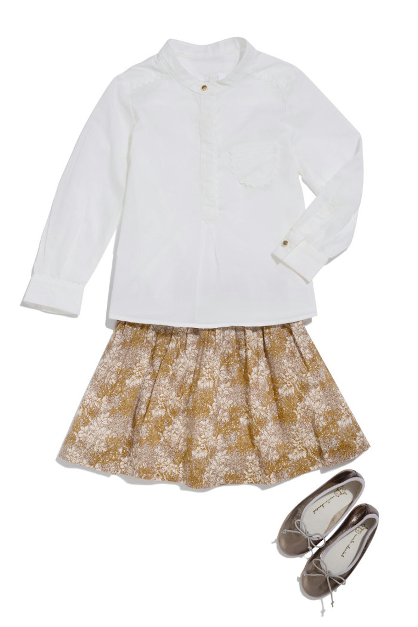 Marie Chantal gold pumps with a Brown Caramel Baby & Child skirt