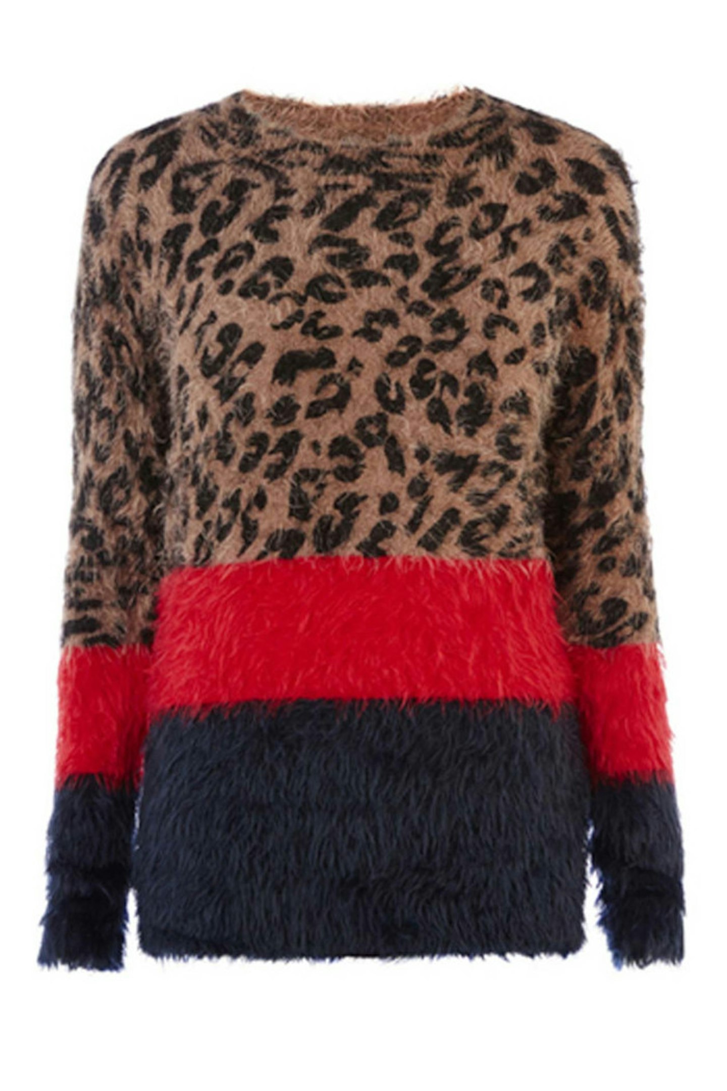 26. Leopard print/red/navy fluffy jumper, £45, Warehouse