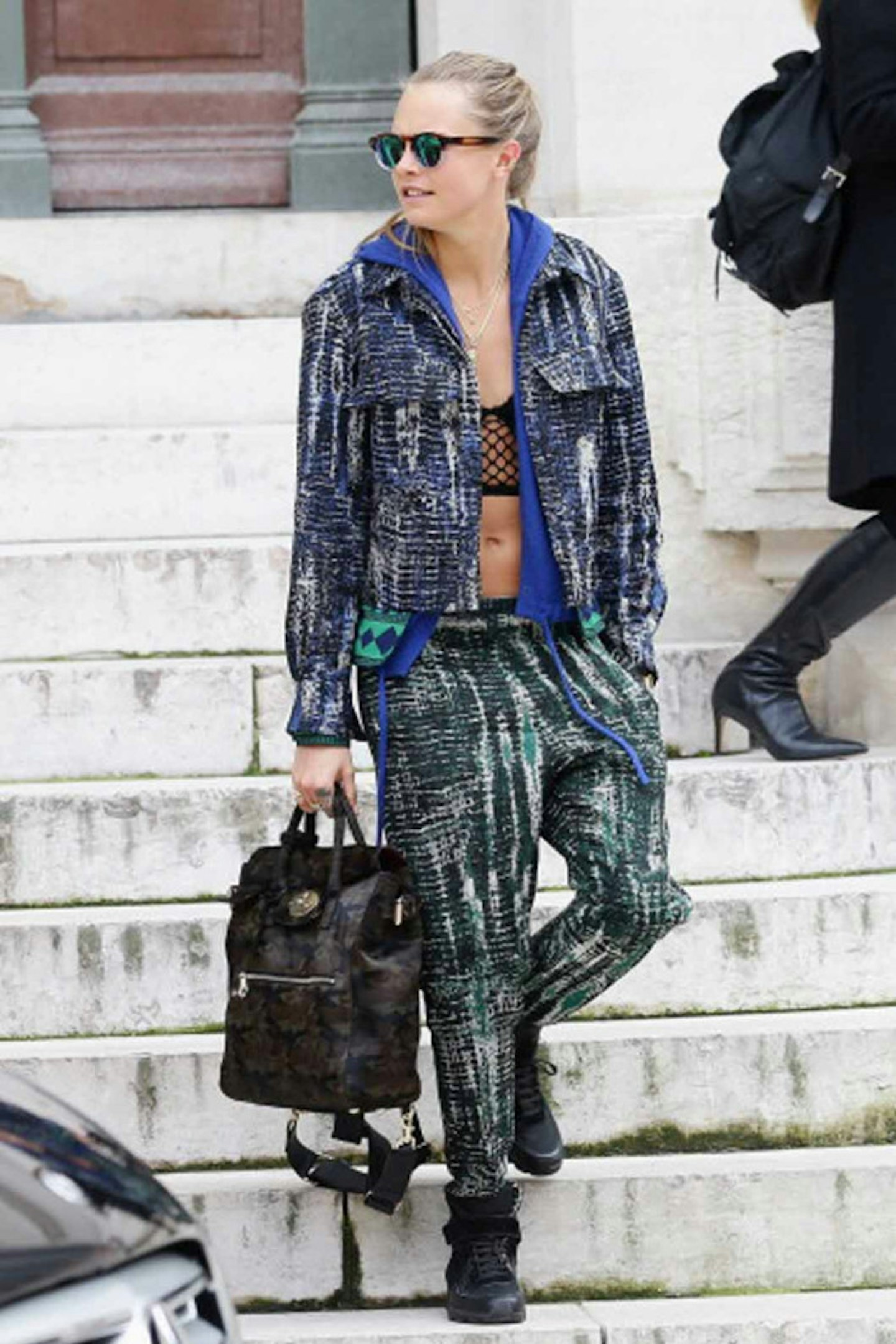 Cara Delevingne style paris fashion week 2014 print jacket and trousers