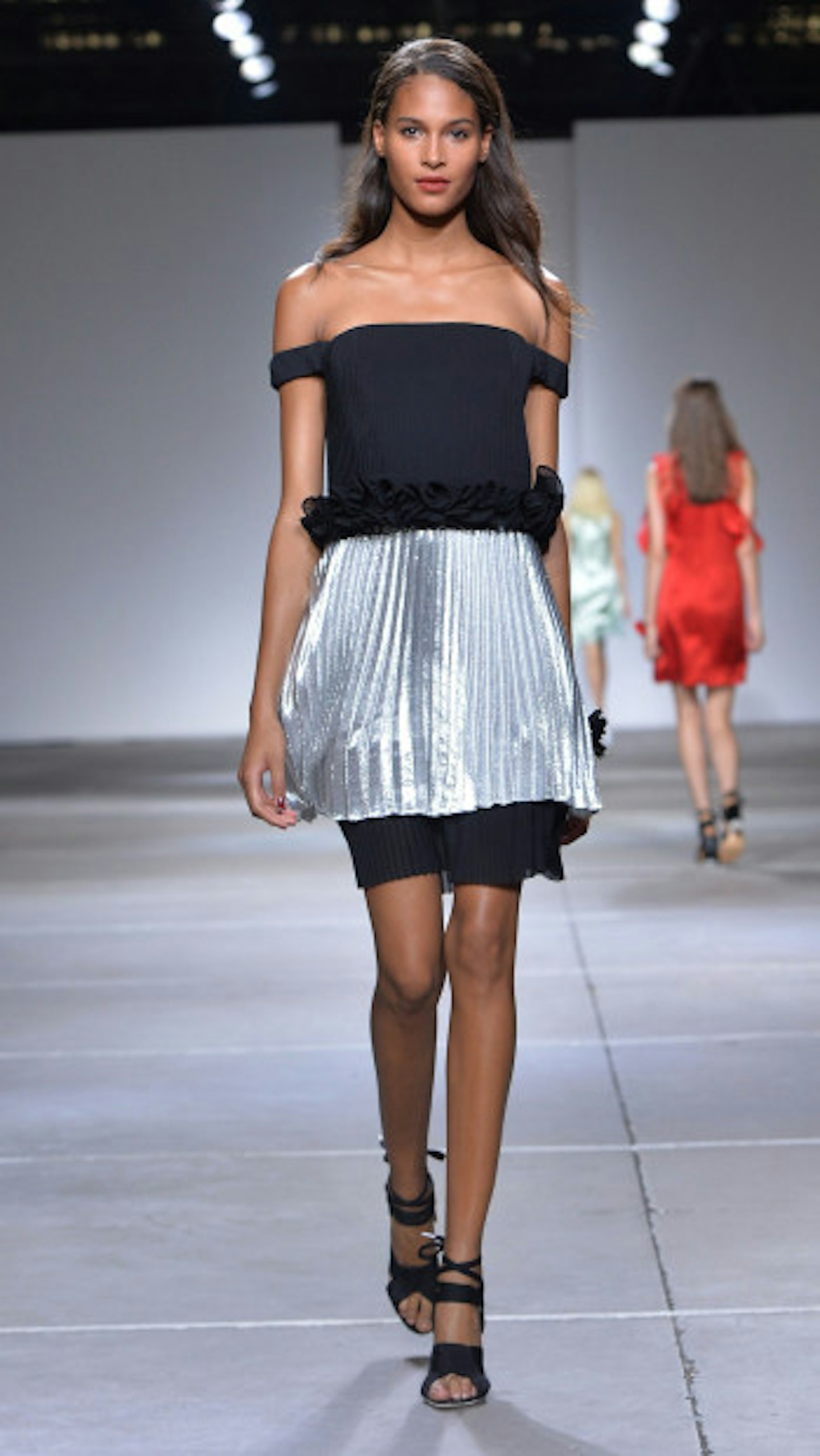 Silver Pleated Skirts And Off The Shoulder Tops