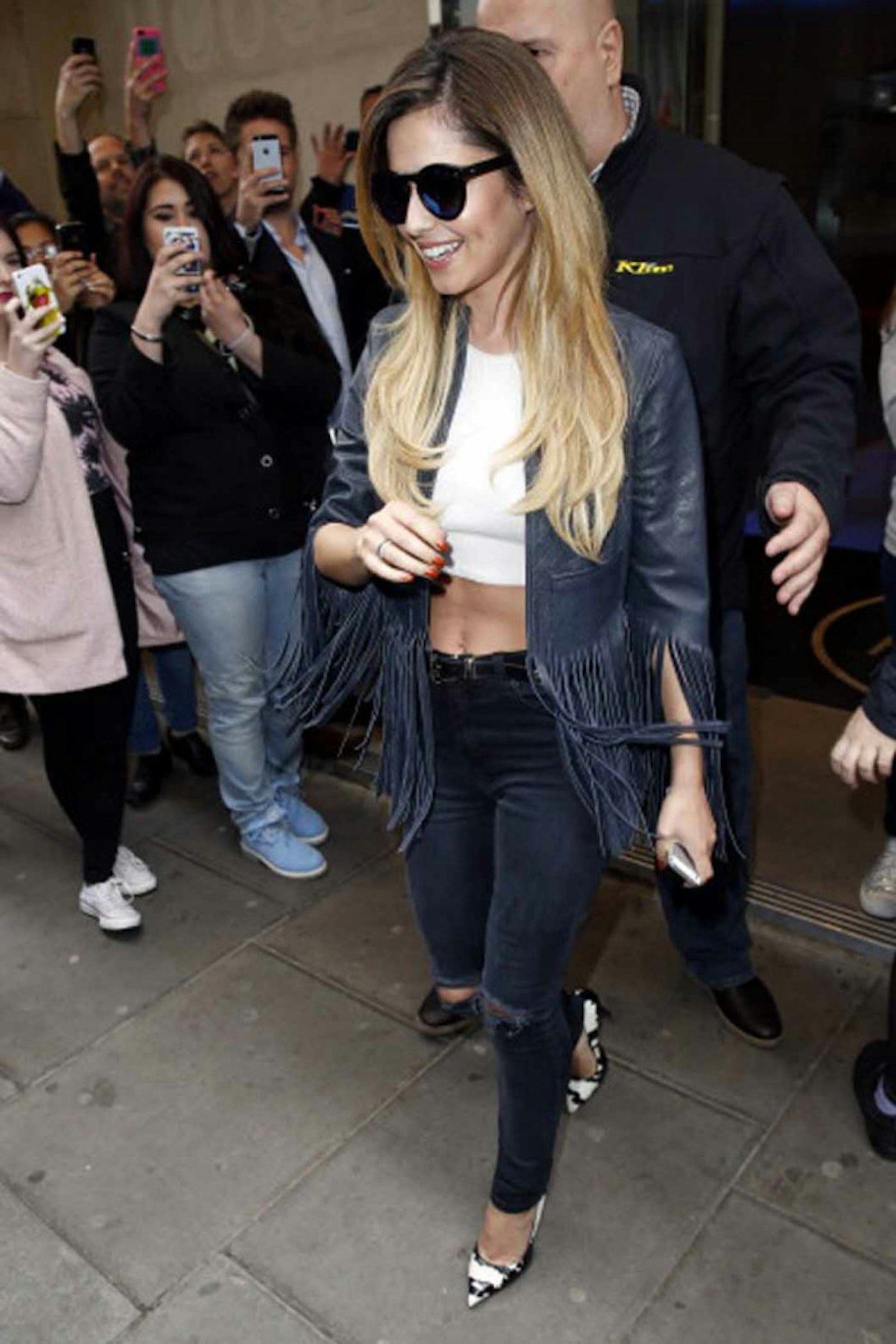 Cheryl Cole style leather jacket black tassle ripped jeans