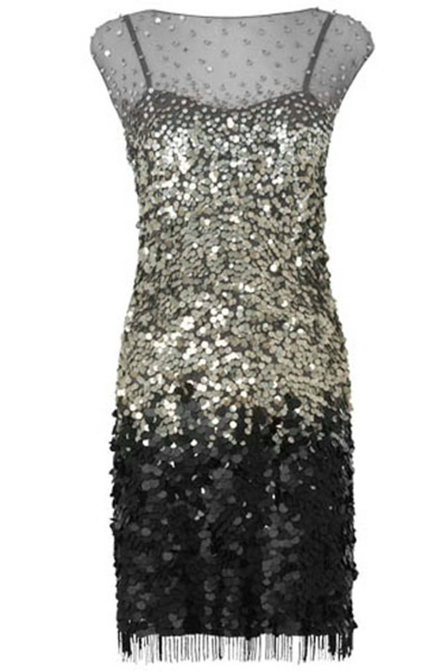 Silver and metal grey sequinned dress with fringe detailing, £225, Phase Eight