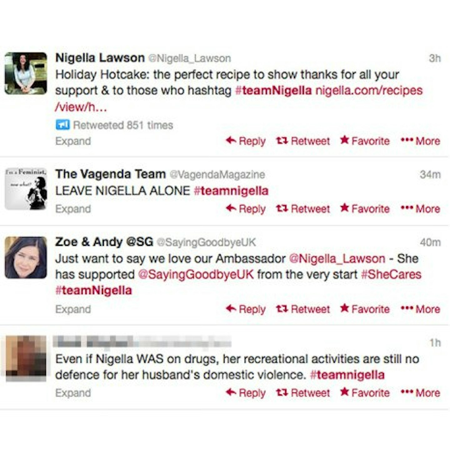 Nigella's tweet, followed by the support of other hashtaggers