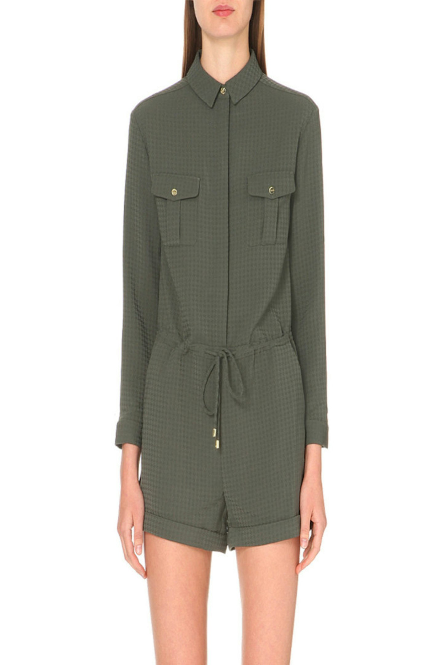This button up military green playsuit is a perfect summer choice for the office.