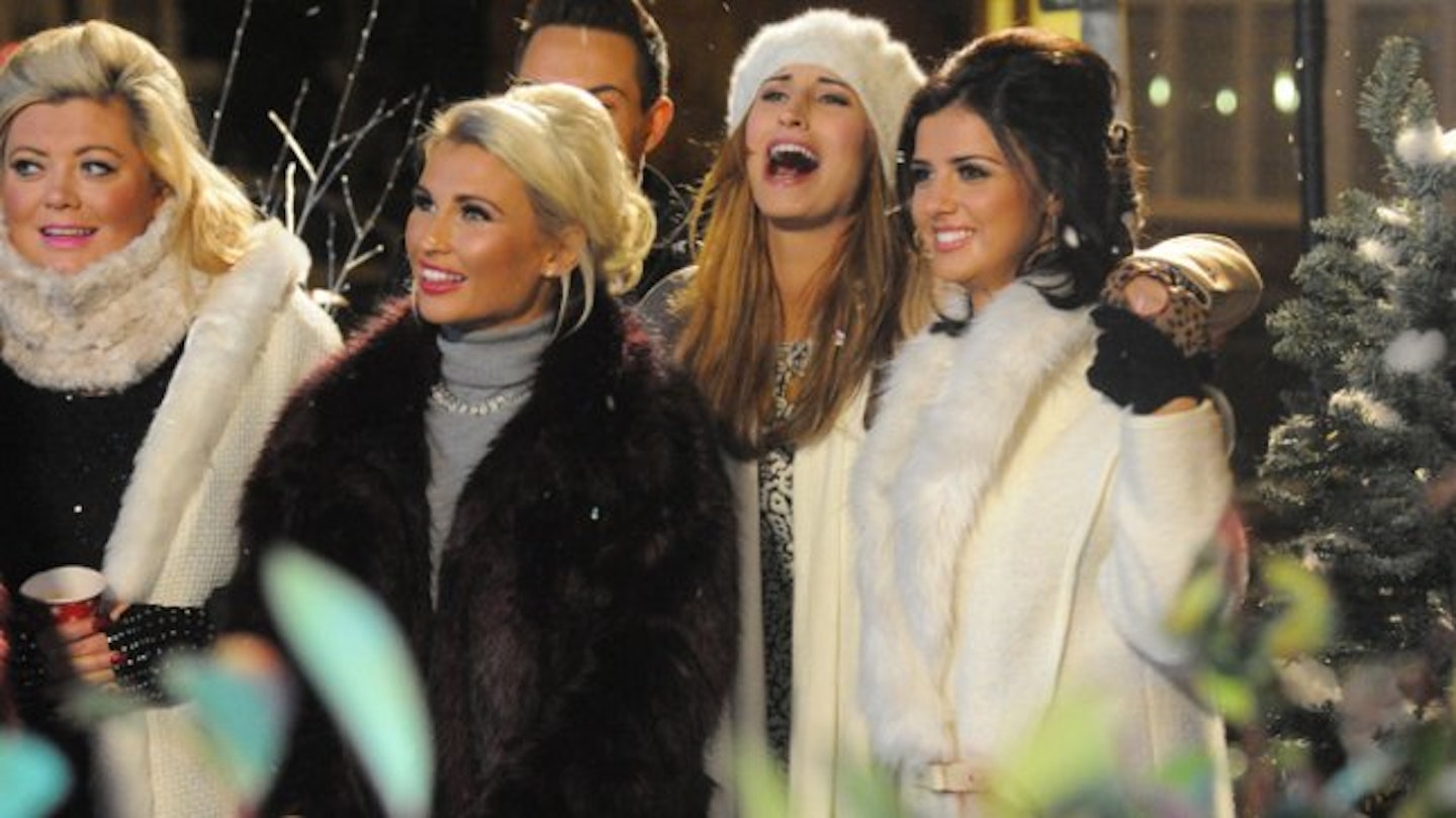 Lucy behind the scenes with the TOWIE cast during filming of the Christmas special