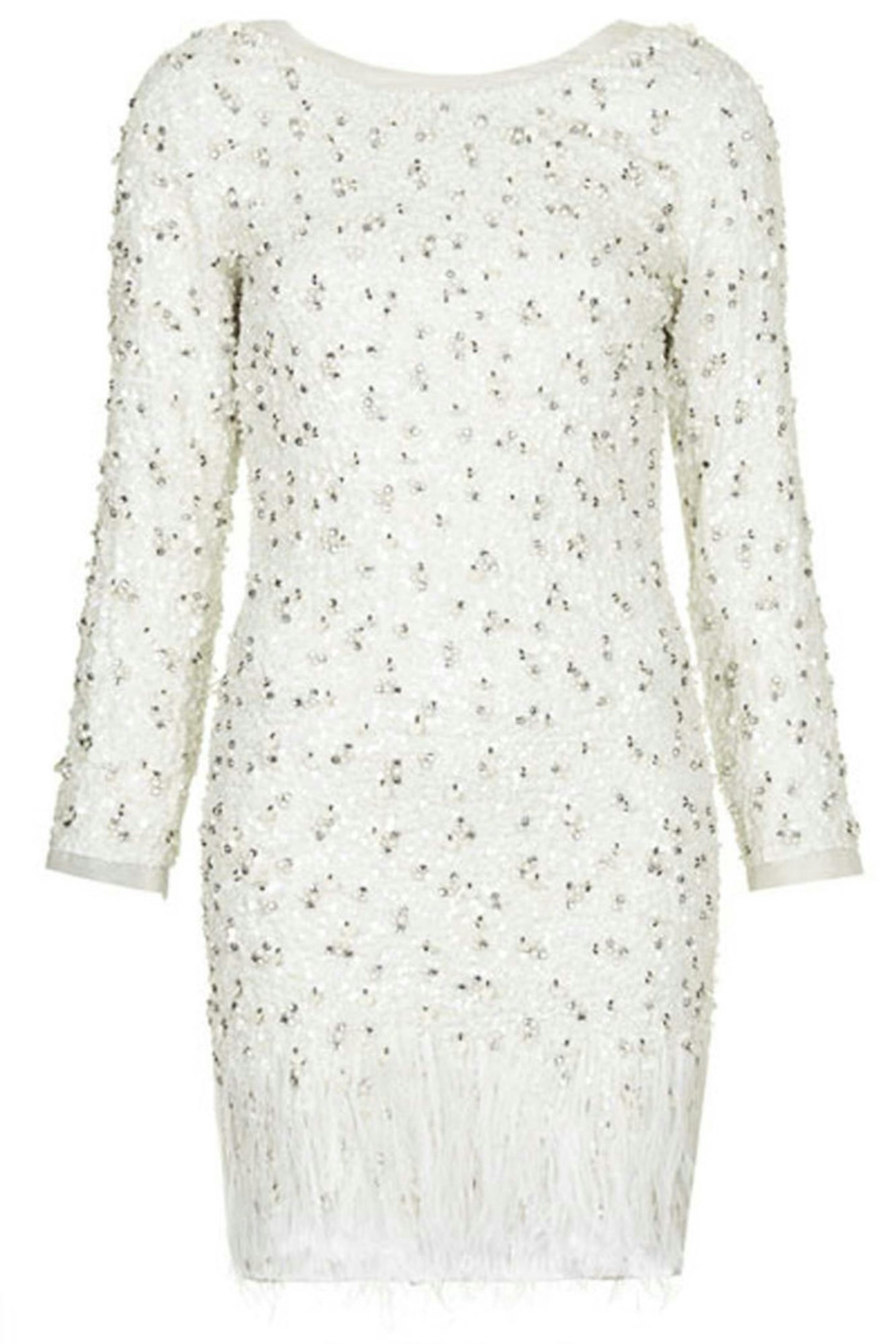 Limited Edition Embellished feather hem bodycon dress, £250, Topshop