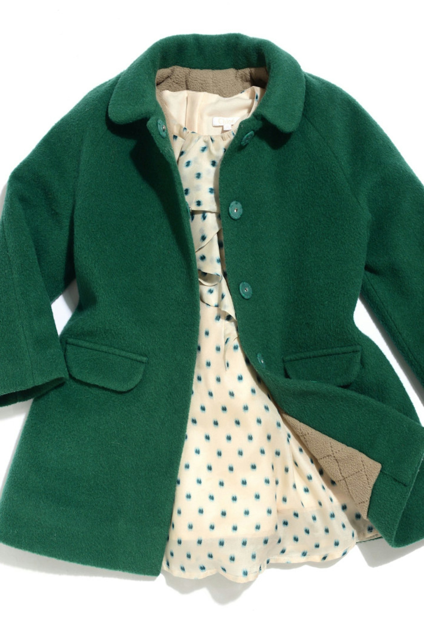 Green Caramel Bay&Child peacoat with a matching Chloe cream/green/blue pattern dress