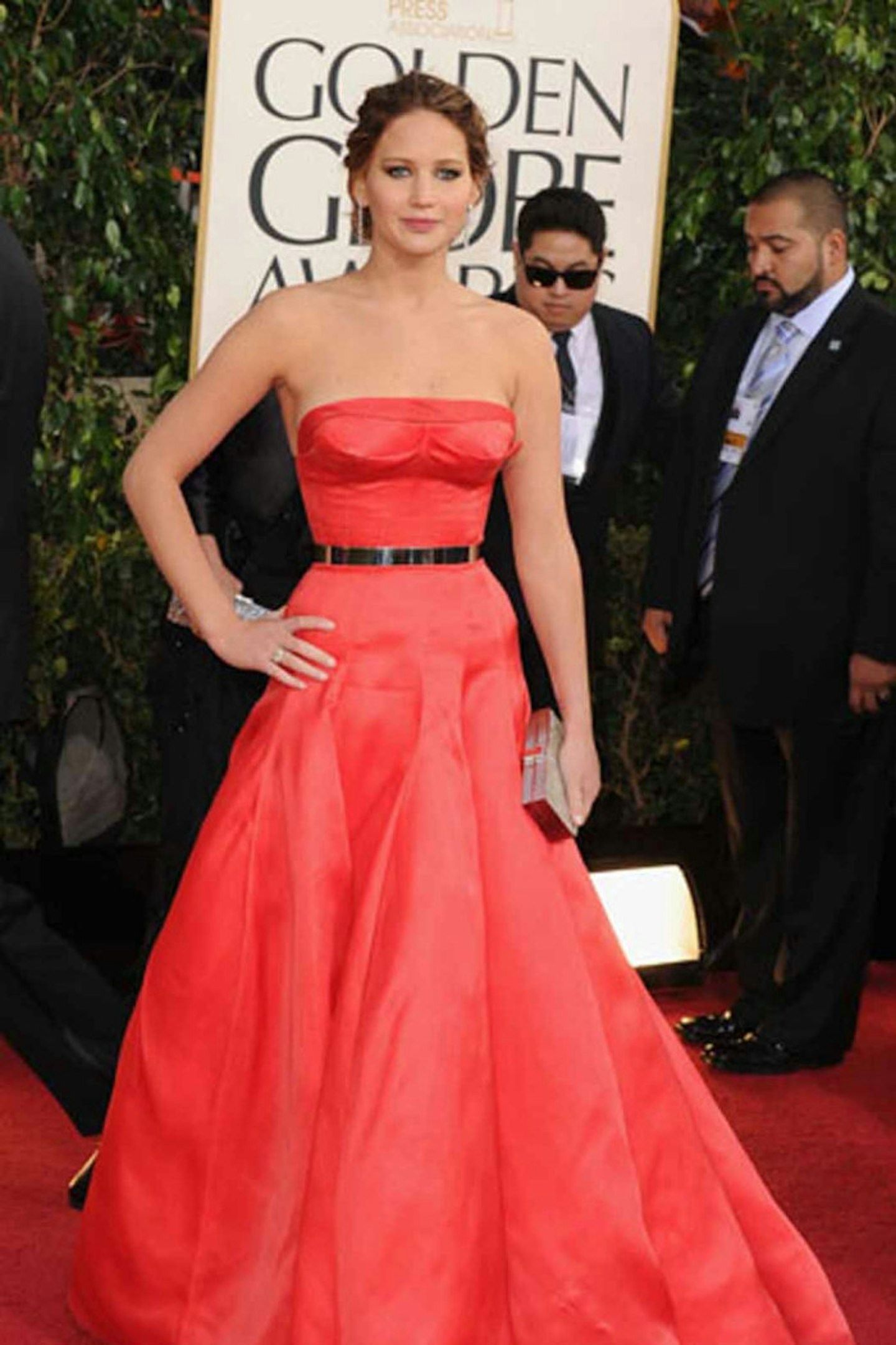 Jennifer Lawrence style dior golden globes 2013 orange belt dress