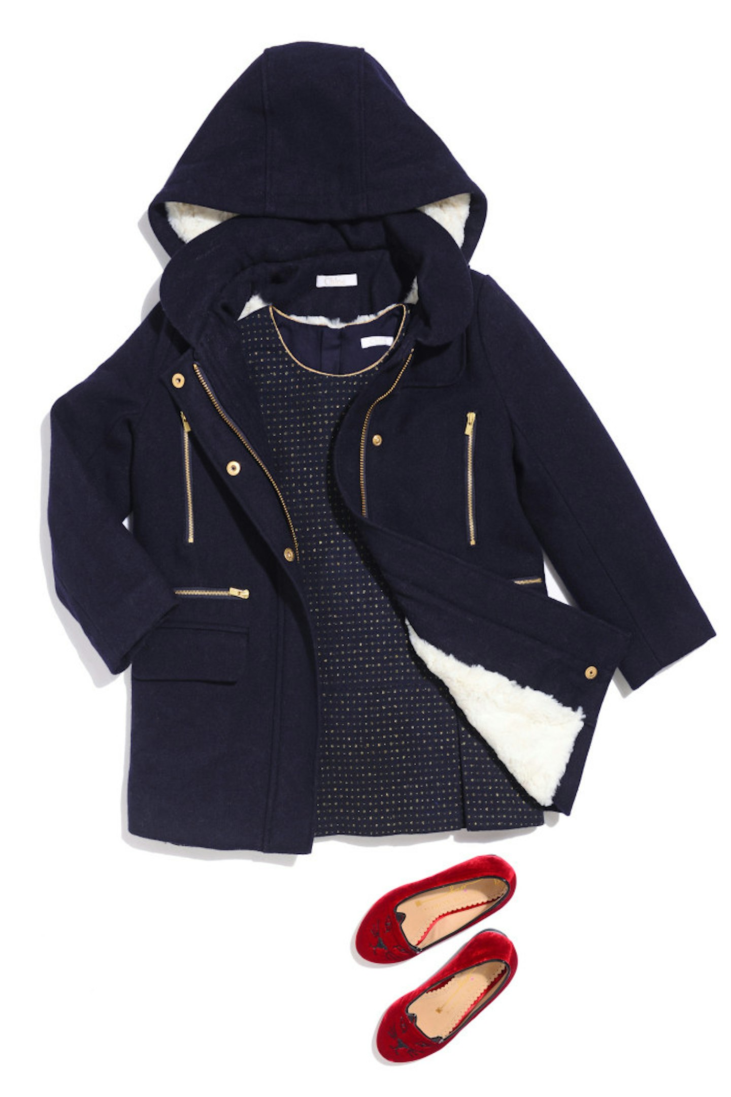 Chloe navy duffle coat with a Chloe navy/gold dress and Charlotte Olympia red pumps