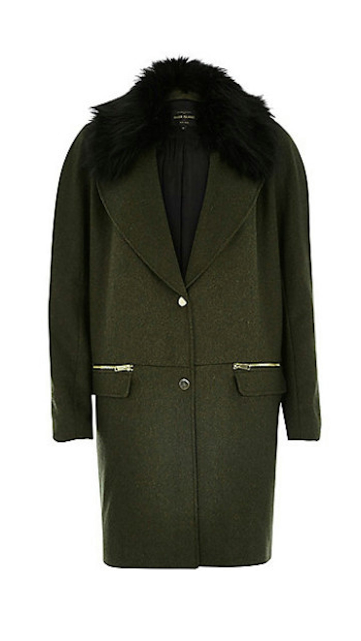 Khaki Wool Blend Faux Fur Winter Coat, £95